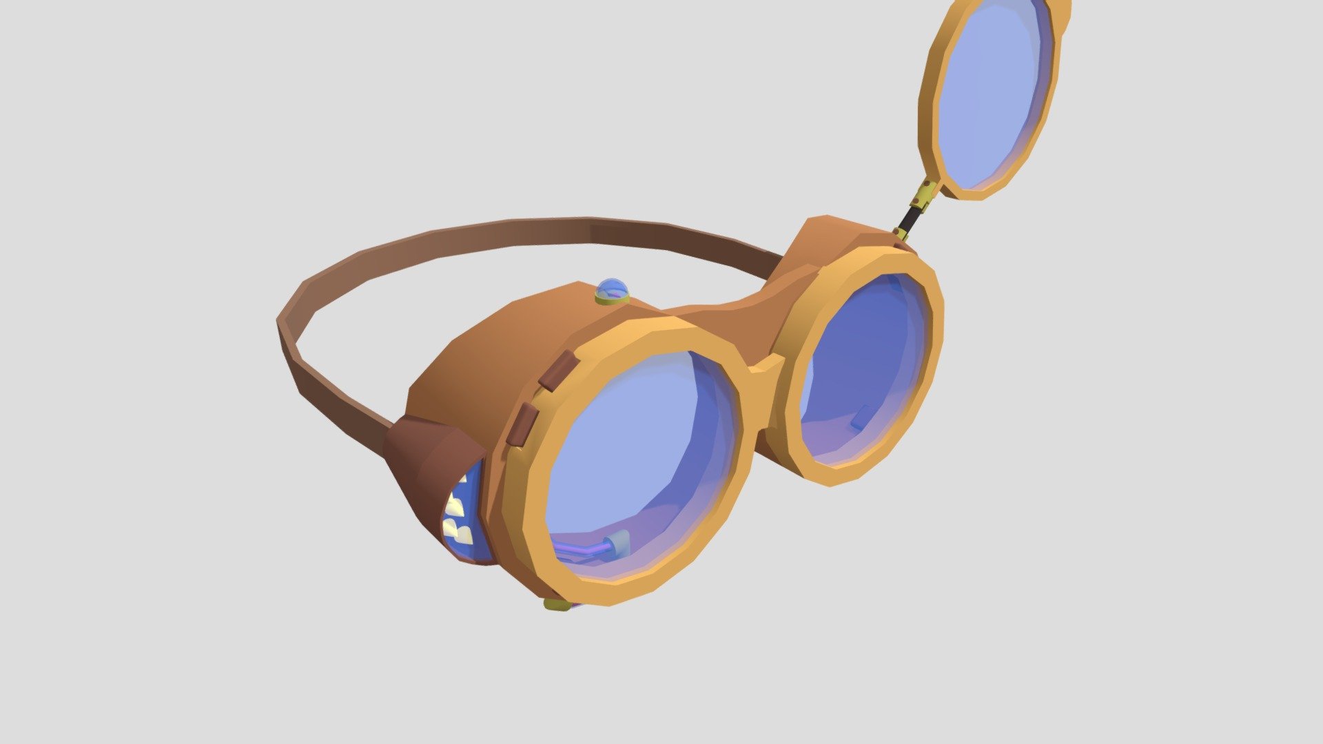 Working towards more steampunk styles. These goggles could be used by an artificer or explorer.

Has Headlamps on the sides to help explore caves or inspect artifacts.

On the Left lens there is a spare lens attachment to let the wearer add various attachments. (Magnifier lens, Light filter, Range Finder, ,or any amount of magical scrying lenses)
On the right lens the two attached instruments are a thermometer, barometer or other measurement instruments, alongside a compass mounted on the top - Explorer Goggles - Download Free 3D model by Anthony.Do 3d model