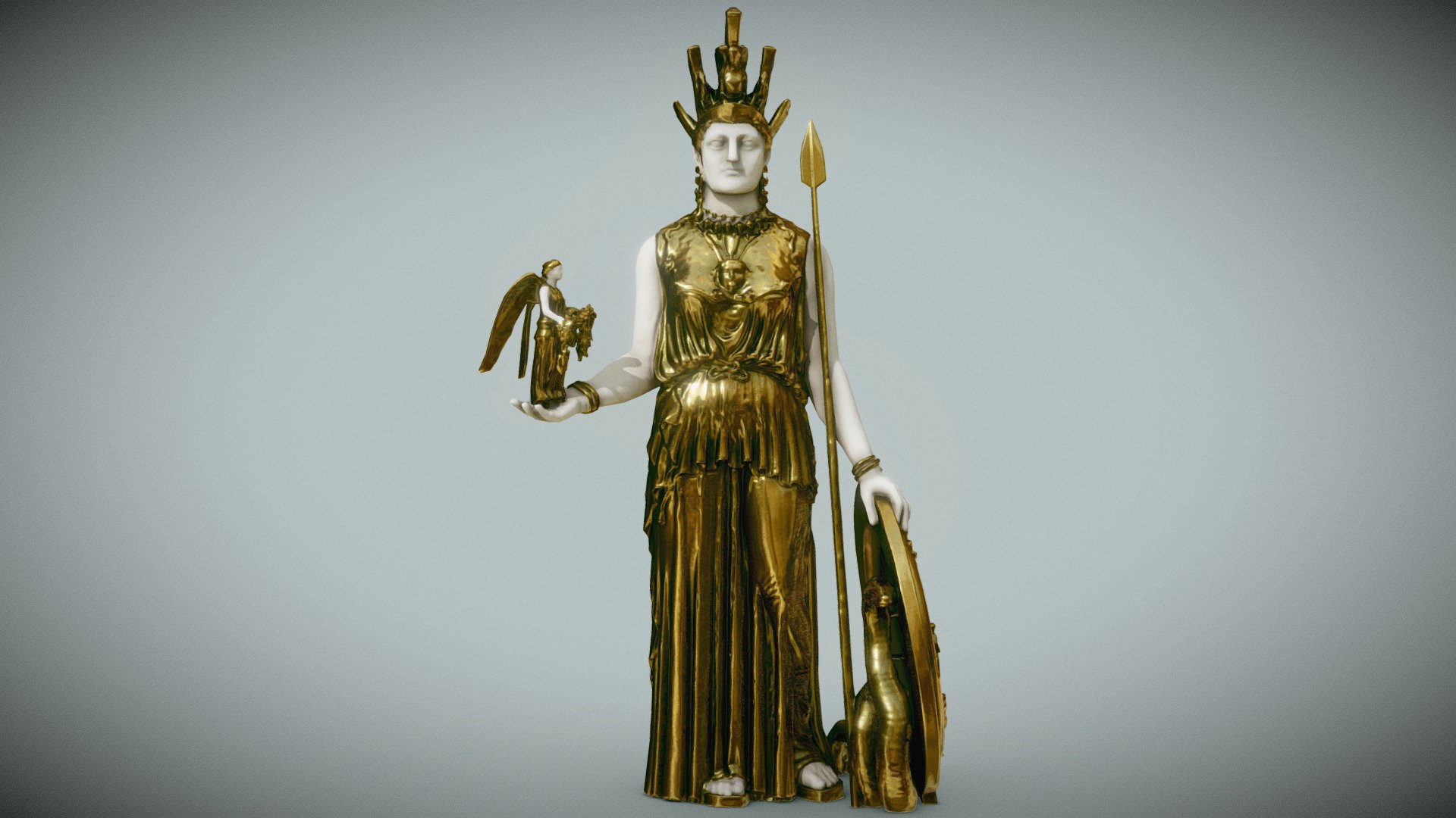 The statue of Athena Parthenos (Ancient Greek: Παρθένος Ἀθηνᾶ, lit. &lsquo;Athena the Virgin') was a monumental chryselephantine sculpture of the goddess Athena. Attributed to Phidias and dated to the mid-fifth century BCE, it was an offering from the city of Athens to Athena, its tutelary deity. The naos of the Parthenon on the acropolis of Athens was designed exclusively to accommodate it.

Clean up, retopo and retexture of this Athena statue scan by notdarrenho shared under CC-BY - Athena Parthenos - Buy Royalty Free 3D model by Mateusz Woliński (@jeandiz) 3d model