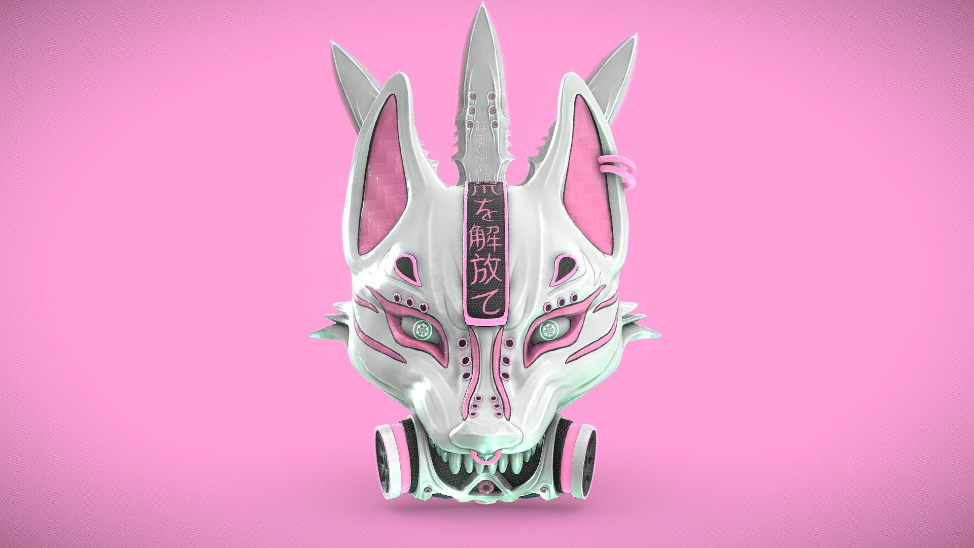 I took major inspiration from Kiriko(Overwatch) for this mask. A lot of parts on this mask are emissive, tried to make it look as cyberpunk as I could. the pink areas all have a carbon fibre texture because why not.

The Japanese characters on the mask is actually from Kirikos ultimate voice line &ldquo;Unleash the kitsune's claws