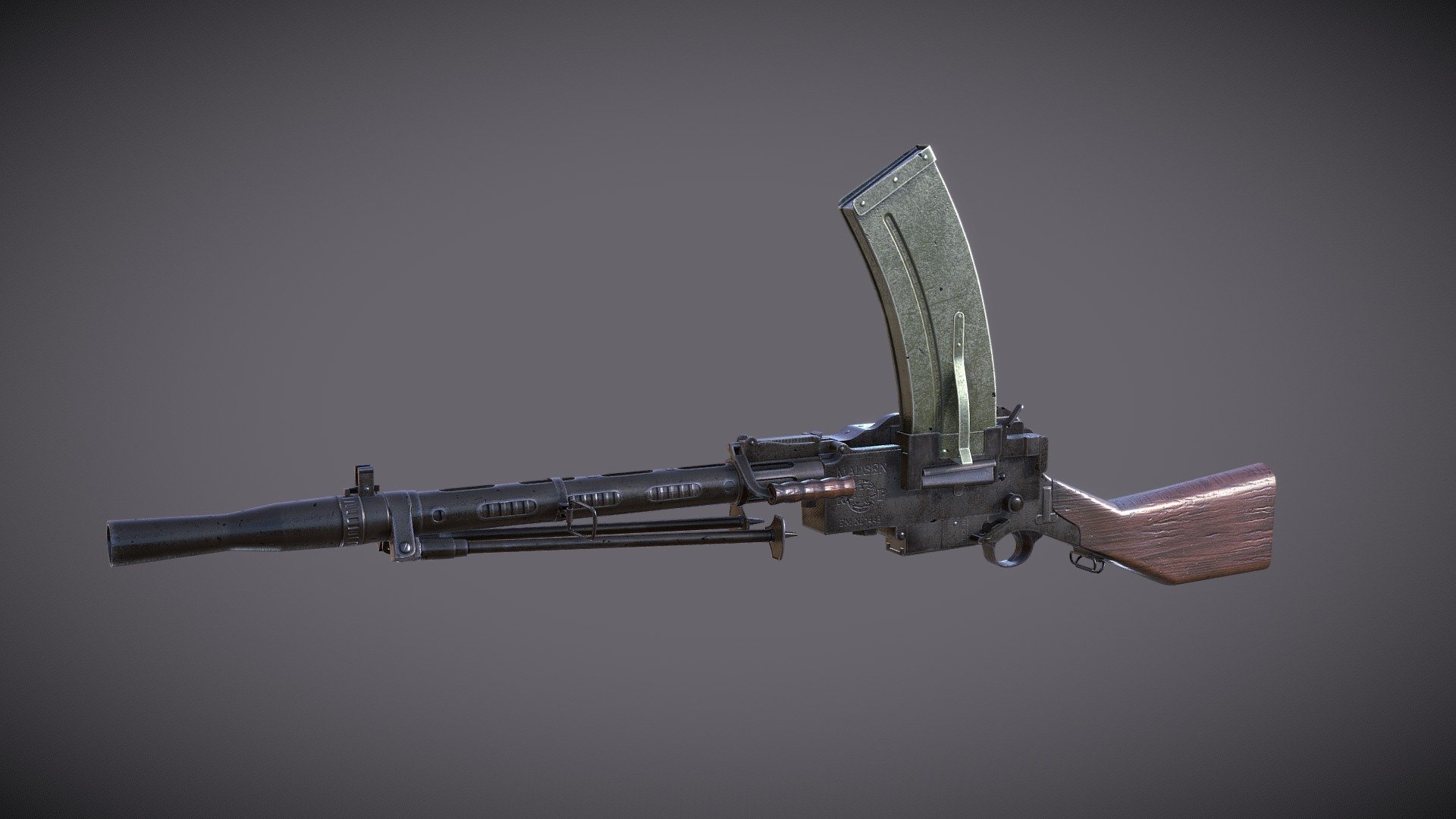The Madsen Light Machine Gun. 
Got some time for this during the weekend. This is the Lowpoly model.
First i made highpoly model for the baking. 
ww1 &amp; ww2  weapon
Tries: 26.7K 
Poly : 14K - Madsen LMG : ww1&2 weapon - 3D model by VirutMehta 3d model