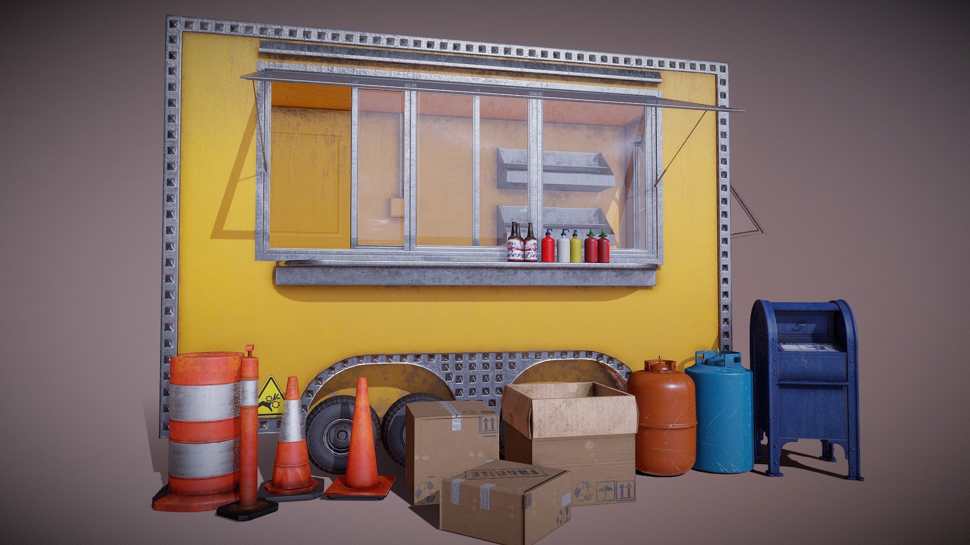 Model includes:
* Small Food Truck with Interior using one set of Color Metal Rough and Normal Textures made using PBR
* Traffic Cone Models and textures Using one texture set per asset using Color Metal Rough and Normal Textures made using PBR
* Cardboard Boxes using one set Color Metal Rough and Normal Textures made using PBR
* Mailbox Model and textures using one set Color Metal Rough and Normal Textures made using PBR
* Generic Condiment and Large Gas Cannister Models using one set of Color Metal Rough and Normal Textures made using PBR - Food Truck with Street assets Mini Pack - Buy Royalty Free 3D model by Morrissey Alexander (@reckzilla) 3d model