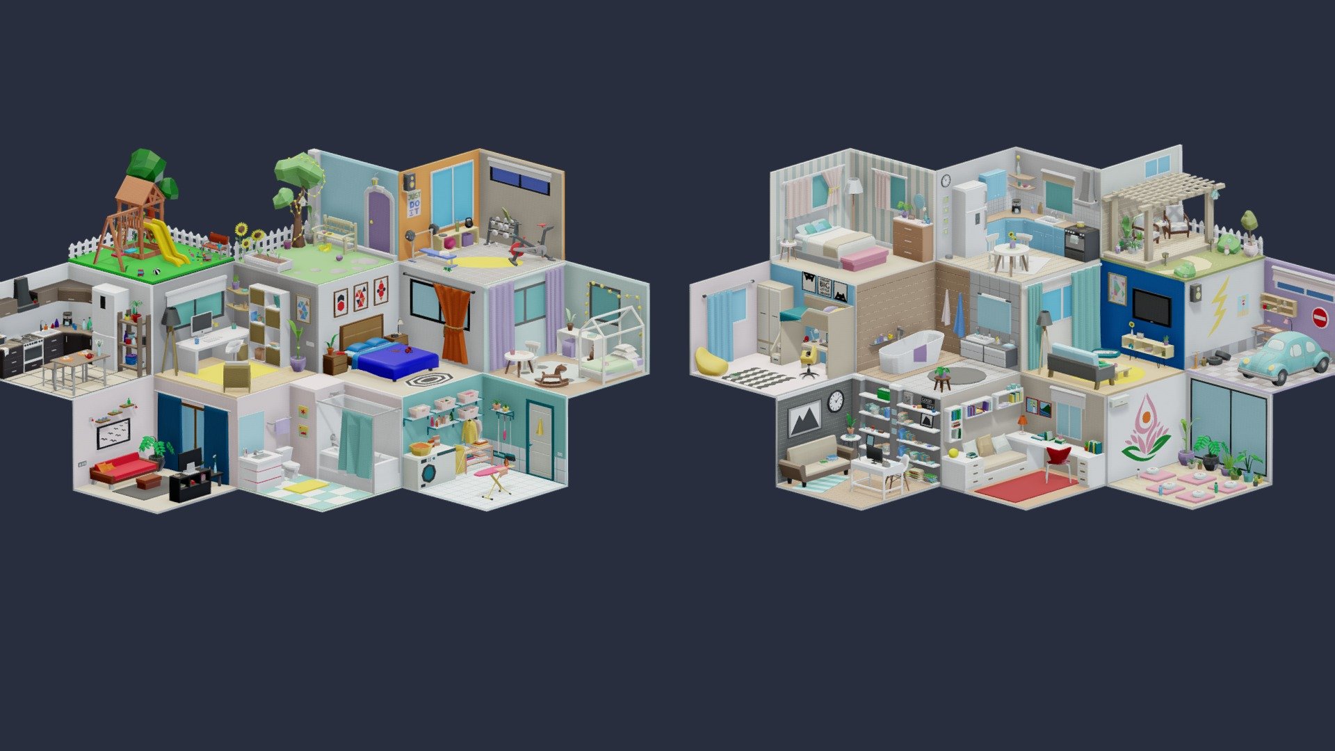 Low poly rooms / interiors is ready to be used for games, rendering and advertising.

Room types: living room / living room 2 / bathroom / bathroom 2 / bedroom / bedroom 2 / bedroom 3 / child's room / child's room 2 /kitchen / kitchen 2 / office / office 2 / backyard / playground / gym / laundry / patio / garage / yoga room

This set includes 350 unique props.

Technical details:

The whole room has 191k triangles.

Has only one color texture (2048/1024/512/256 /128px) and one material for the entire game set.

Files: Unity  Unreal Engine 4 package  Blender  fbx  obj  glTF

Feel free to download it and leave your reviews, comments and likes. This will help us create more products for you :) - Low Poly Rooms Interior 3 - Buy Royalty Free 3D model by Mnostva 3d model