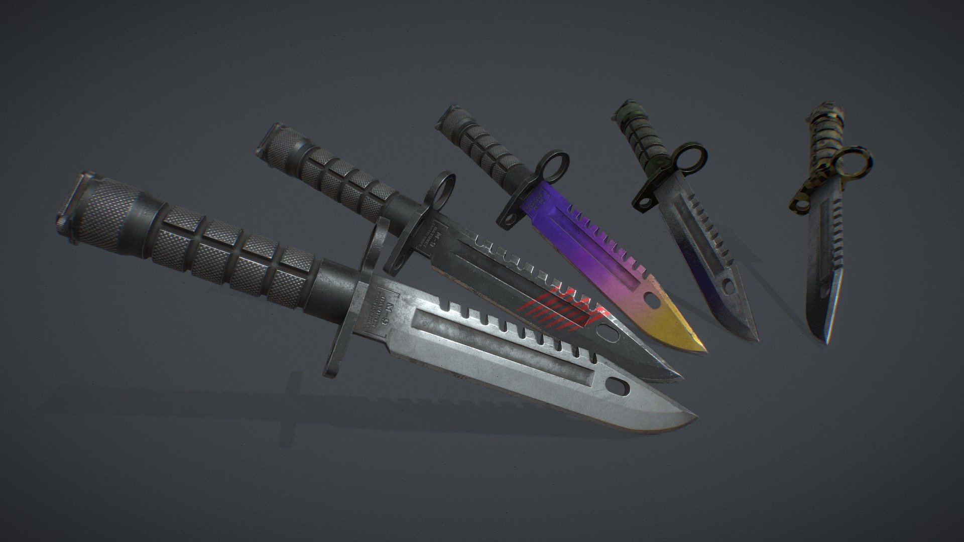 Lowpoly model of M9 Bayonet Tactical Knife Set 

Please like and subscribe if you wana see more interesting stuff 

VK - https://vk.com/cyber_z_craft 

Boosty - https://boosty.to/cybercraft 

YouTube - http://www.youtube.com/c/CyberCraftZ - M9 Bayonet Knife Set - 3D model by Sir Erdees (@sirerdees) 3d model
