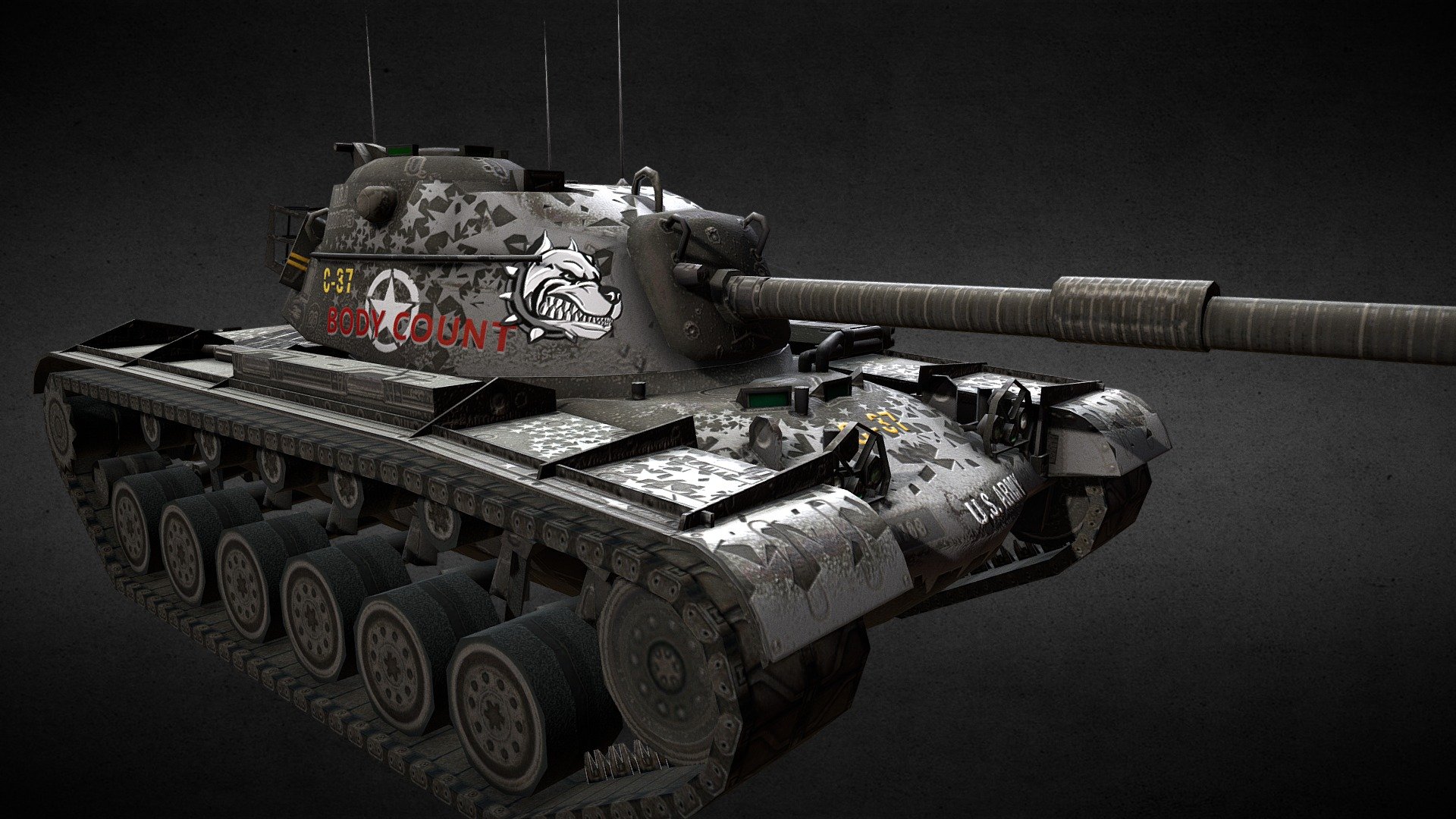 EN: Warpaint for the M48A1 Patton. Changes the tank name in battle to Pit Bull.

RU: Боевая раскраска для M48A1 Patton в World of Tanks Blitz. Меняет название танка в бою на Питбуль.

Download World of Tanks Blitz: iOS, Android, Steam 3d model