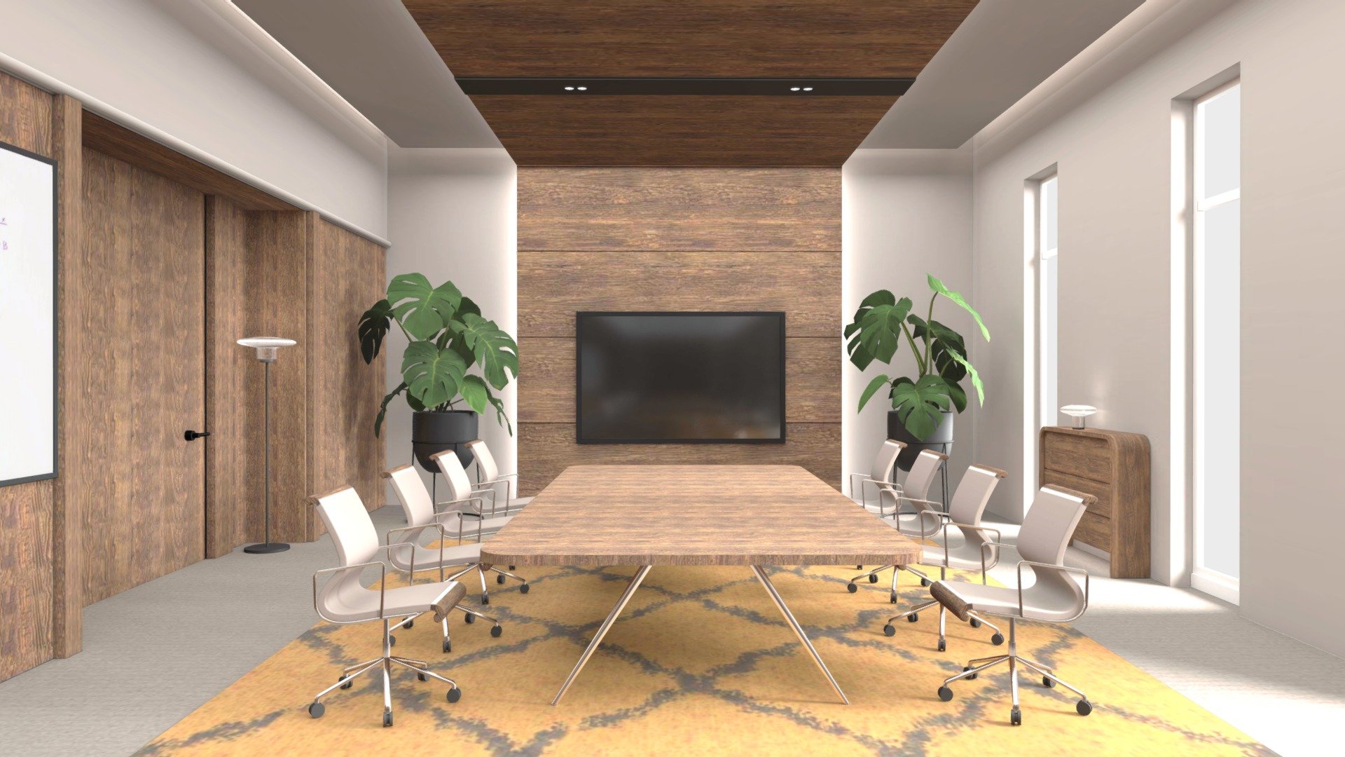 This is an executive office meeting room, designed in a rustic naturalism style.
It has a wall-mounted TV that can be used to cast multimedia content
There is also a whiteboard on the wall for brainstorming - office meeting room vr ready - Buy Royalty Free 3D model by QuarizonStudio 3d model