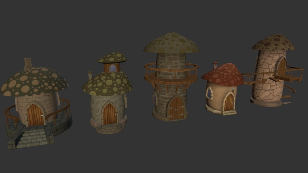 The asset includes 5 models, in the form of mushroom houses. They are different, and each interesting in their own way. Textures made in the style of hand painting. Also there is a texture emission. Resolution textures of 1024 x 1024 and 2048 × 2048. If necessary, you can compress 3d model