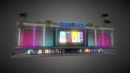 Events Venue | Indie Village | Decentraland bar, event, cyberpunk, stage, dancefloor, lowpoly, building, screen