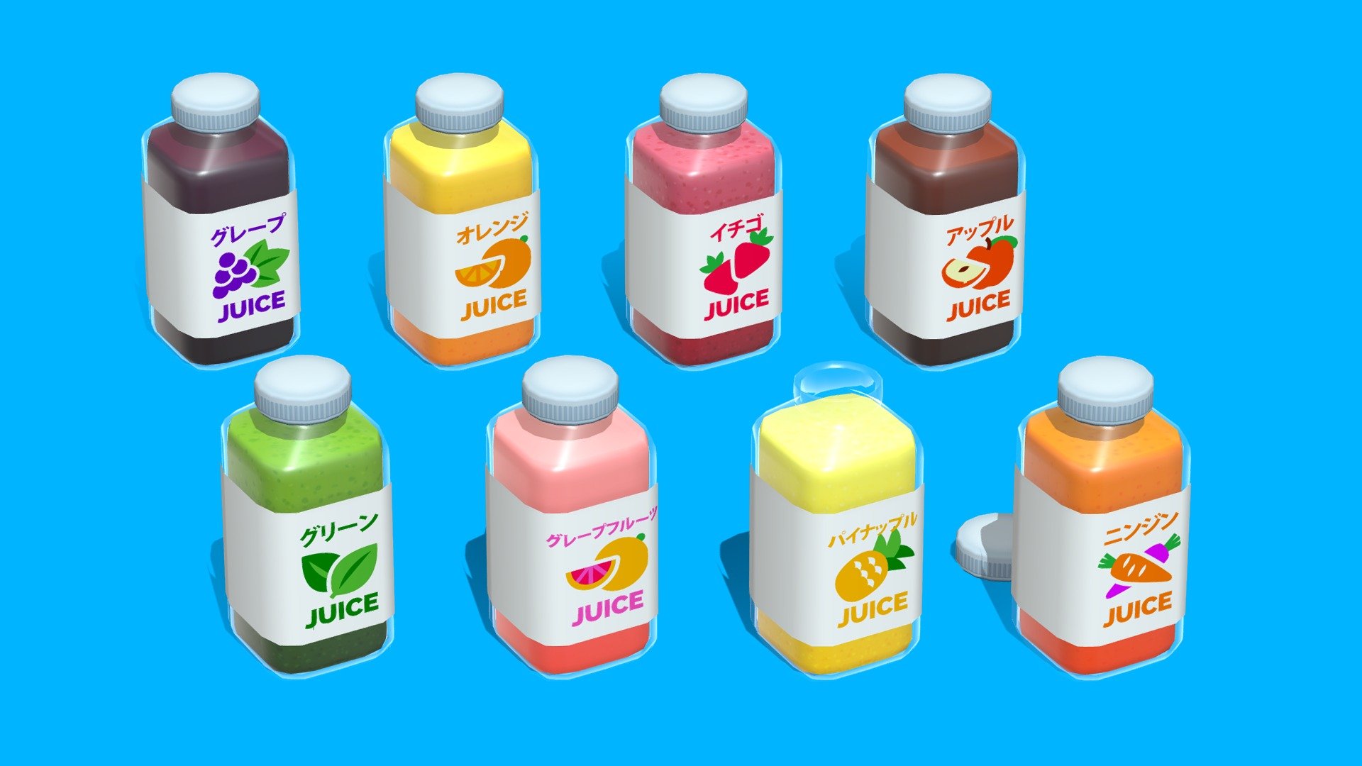 Colorful juice bottles to stock your convenience store with!




One model, 8 unique flavours to choose from: grape, orange, strawberry, apple, grapefruit, pineapple, carrot and supergreens

The juice bottle asset is fully modular and interchangeable with 4 different components -plastic bottle, label, liquid and bottle cap

1024x1024 textures

Modeled in Maya and painted in Photoshop.

While you’re here make sure to check out my other assets! Every asset is modeled and painted in the same style so your game or project will maintain a cohesive and unique style with a wide variety of assets to choose from! - Juice Bottles - Buy Royalty Free 3D model by Megan Alcock (@citystreetlight) 3d model
