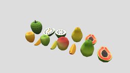 Cartoon Papaya, Soursop And Mango food, fruit, fruits, papaya, grapes, foods, mango, food3dmodel, soursop, papaya-fruit