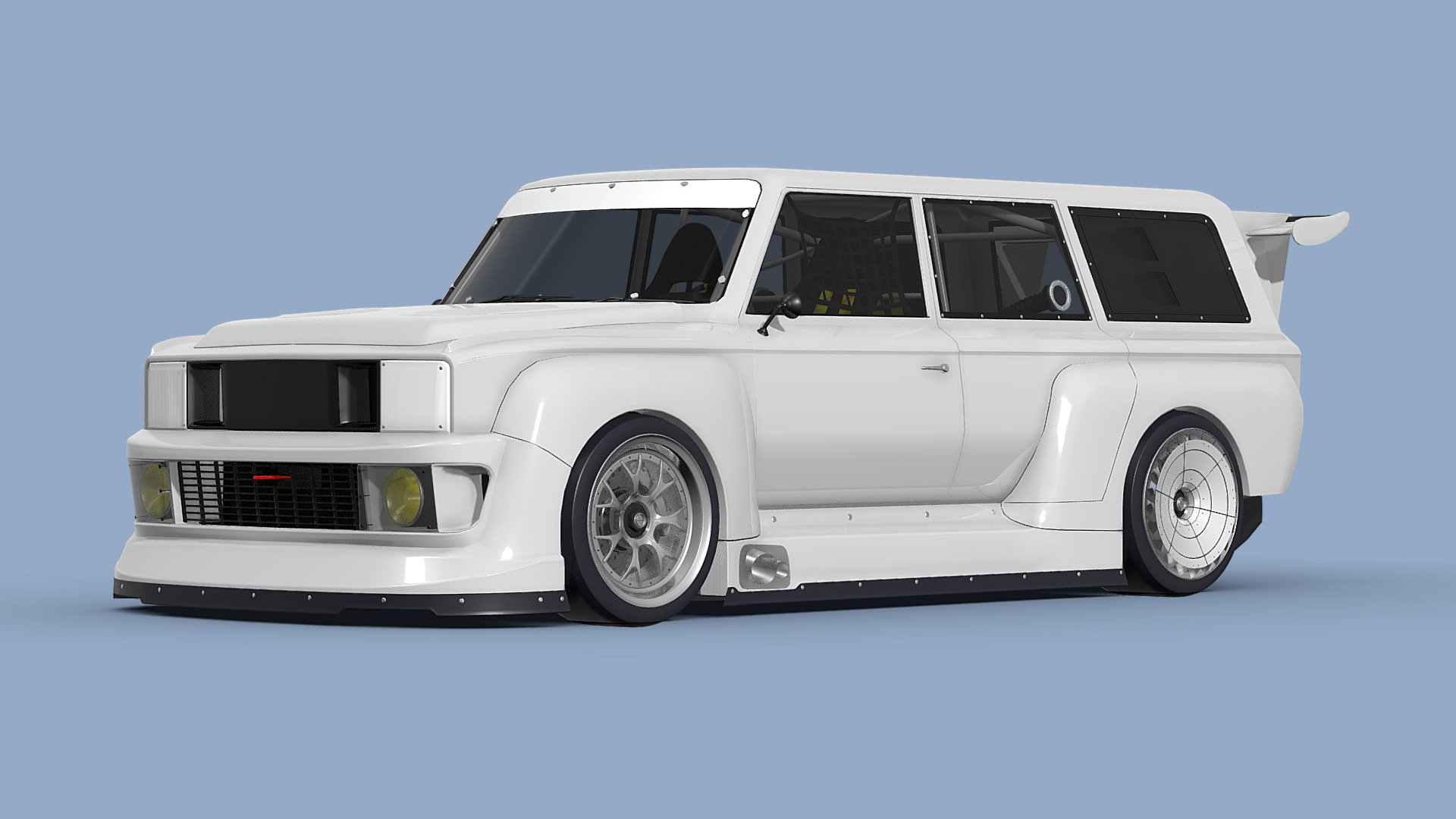 80s 70s Racing SUV - Inspired by IMSA and DTM racing series and based on my generic 80s 4 door SUV. Design heavily influenced by famous german racing car that participated in IMSA back in 80s and 90s. Some of the car elements are modernized, but I tried to stick to 80s - early 90s racing car design.

https://www.artstation.com/artwork/r9DgG6

Model contains:
- Car shell
- Rear Suspension
- Dummy interior
- Brakes
More detailed info:
- Full model contains 350988 polys and 290064 verts
- Model contains 36 objects. Some can be removed to lighten up the model
- Model has predescribed 25 materials
- Model objects names begins with RSUV_&hellip; so that there wouldn't be any object name interference in projects
- Mesh consists mostly of quads with minor amount of n-gons and tris.
- Front wheels contains 27153 polys and 24732 verts. Rear wheels contains 24663 polys and 22152 verts (turbofan element adds 13175 poly and 12791 verts )
- Model is not suitable for 3D printing
- No animations
- No scene objects, only model 3d model
