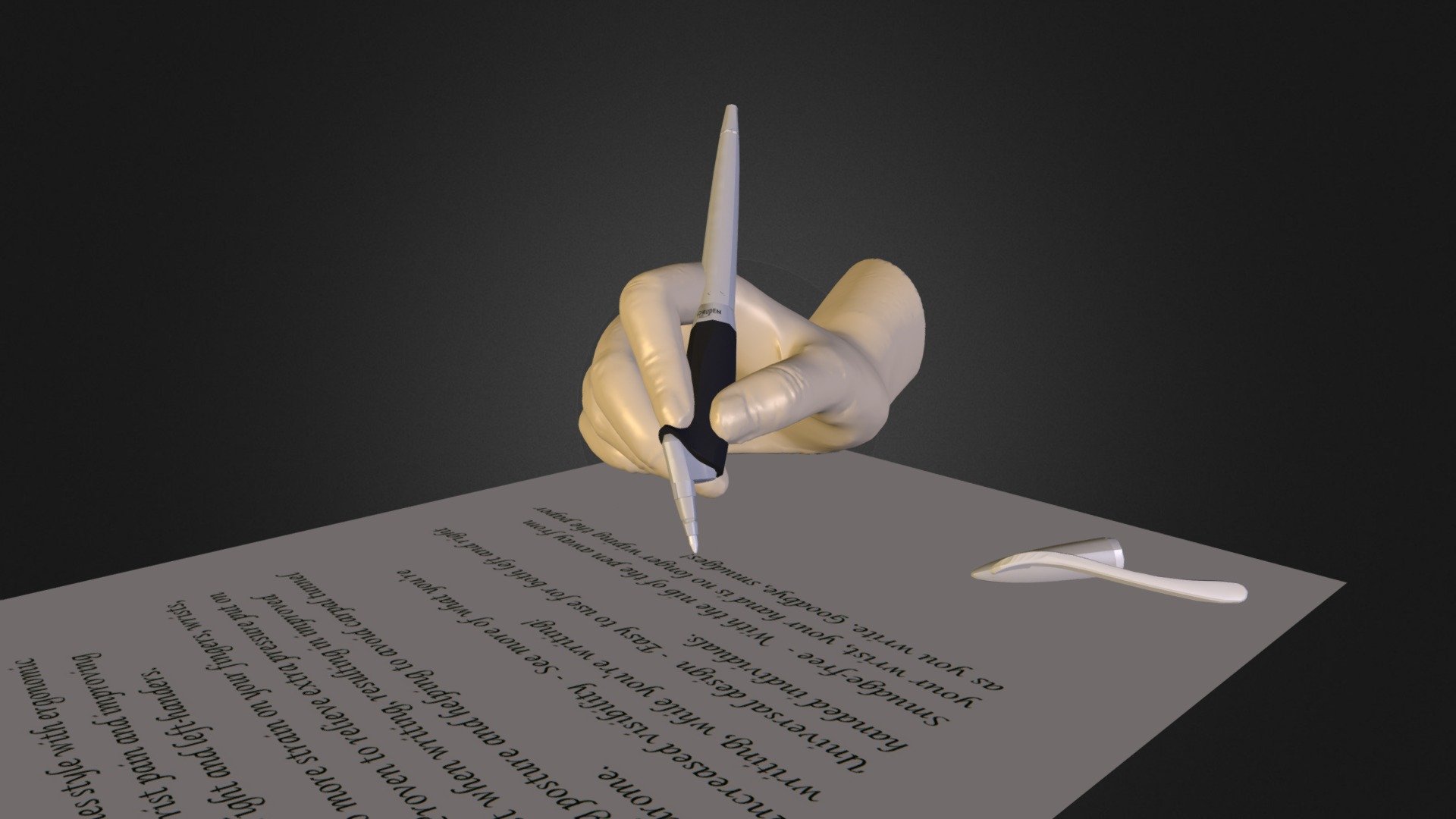 Illustration for the Yoropen Z3 used by a right-handed individual. 
Notice the index finger is straight to avoid strains in the finger muscles. Compare to the curved and stressed out muscles when using a straight stick pen.
Learn more at www.yoropen.com 3d model