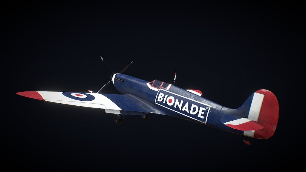 The Spitfire is a war machine and a real beauty. While looking up some references I realised the dots on the plane look familiar. Actually one of those dots is part of the Bionade logo. So thats how I came up with the concept for this texturing challenge. 

Bionade is a german company that brews soft drinks using natural ingredients from certified organic farms. They make awesome lemonade by the way.

Thanks @Renafox for the model 3d model