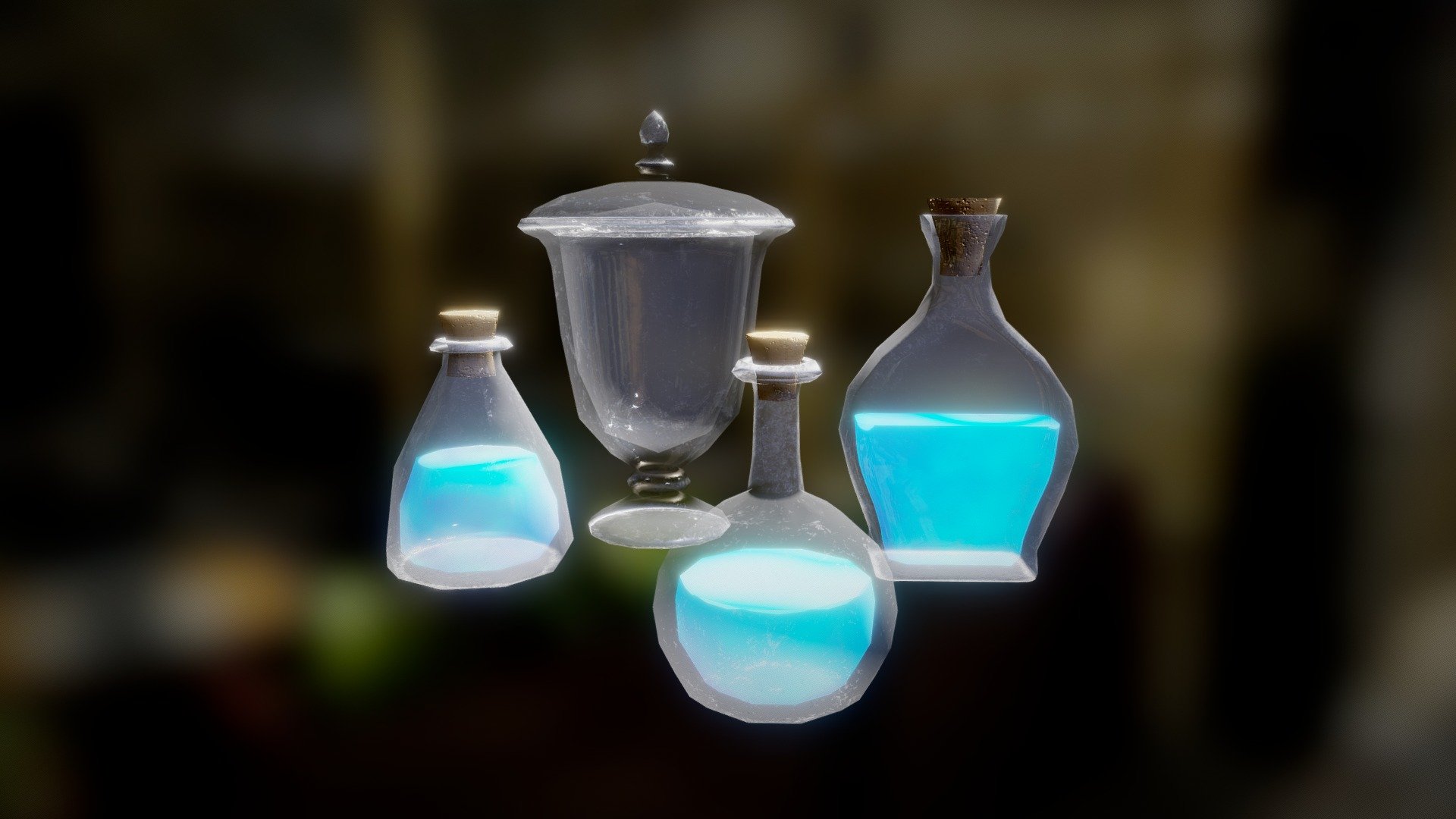 Potions, glass bottles, jars. Just some low poly scene props 3d model