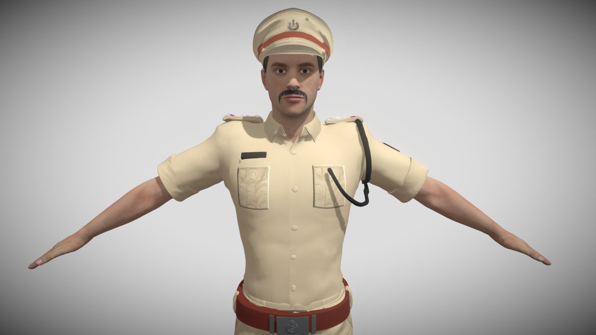 Meticulously crafted 3D model of an Indian Police Officer.

Features blendshapes for lifelike facial expressions.

Comprehensive rigging system enables fluid movements.

Iconic khaki uniform with precise detailing.

Includes traditional cap, utility belt with name frame, and communication wire.

Polished shoes add to the realism of the character.

Ideal for projects requiring authentic representations of Indian law enforcement personnel.
 - Indian Police Man - Buy Royalty Free 3D model by ayushcodemate 3d model