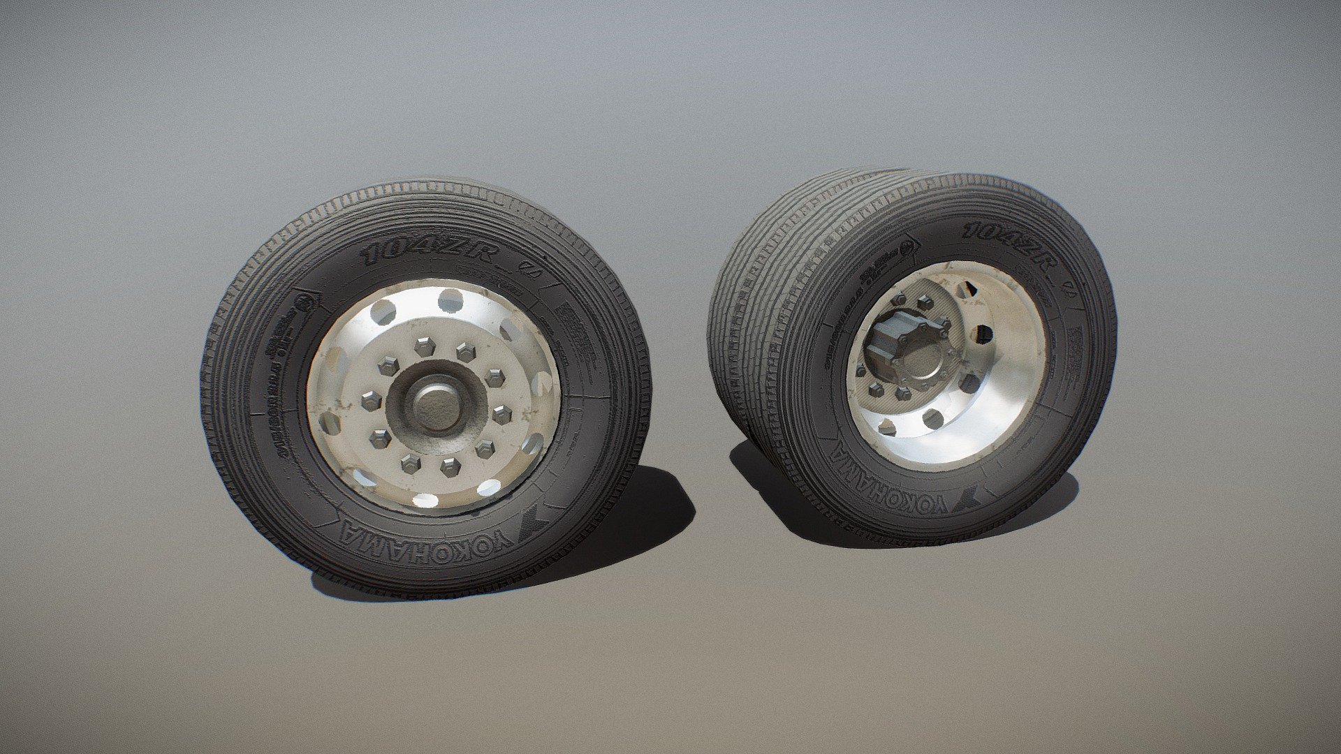 Truck_Wheels, size 315 80 R22.5, which can be mounted on the front and rear axle, steering and traction, of the most varied types of truck, (Tractor Day Cab, Bulk Truck, Straight Truck, Delivery Truck, Tour Bus).

Dimensions - Total diameter 100 cm - Width 31.5 cm - Rim diameter 57 cm.

Textures - 1k, Clean and dirt version.

Count of faces and vertices:

Single wheel without hub - 512 verts - 513 faces -1054 tris

Double wheel without hub - 1024 verts - 1026 faces - 2108 tris

Front hub - 680 verts - 610 faces - 1316 tris

Rear hub - 808 verts - 698 faces - 1508 tris - Truck Wheels - Download Free 3D model by HGowl (@hgowl22) 3d model