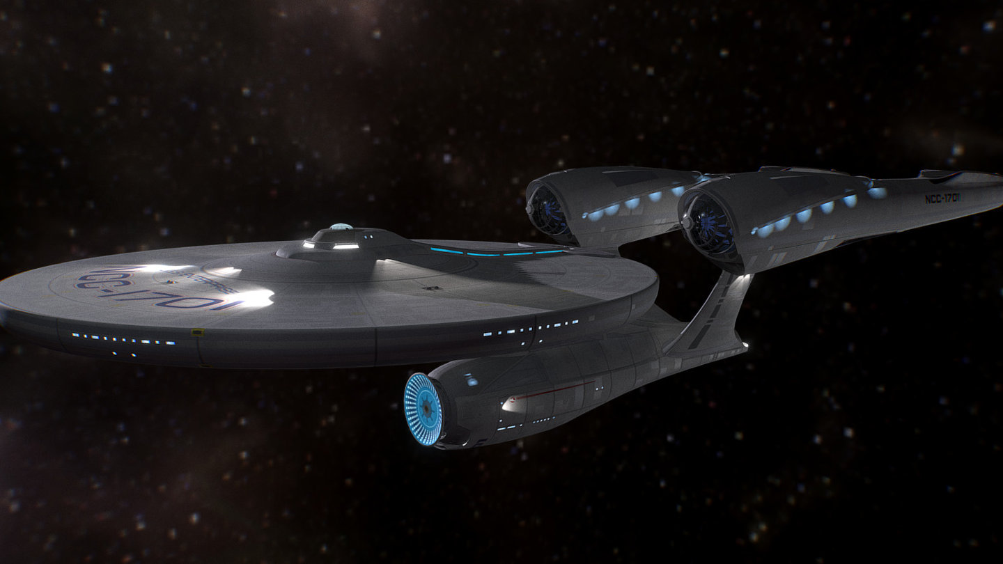 This is the USS Enterprise as seen in Star Trek (2009). The textures have been simplified/cartoonified.
Mesh built by me, textures by me and Peter Markowski 3d model