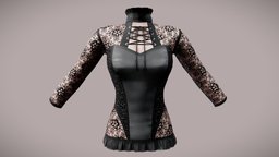 Black Lace Top With Body Under Effect body, victorian, neck, style, historic, leather, high, , fashion, medieval, up, girls, top, clothes, stylish, womens, lace, under, wear, corset, pbr, low, poly, female, dark, black, ruffled, jacke