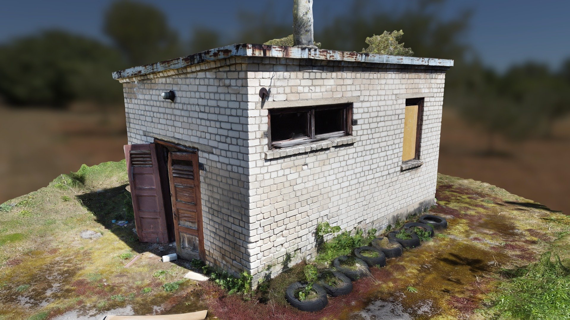 Old, abandoned, small Soviet structure.
White bricks, wooden doors, glass windows, wooden planks in front of some windows.
Chimney, grass, tires 3d model