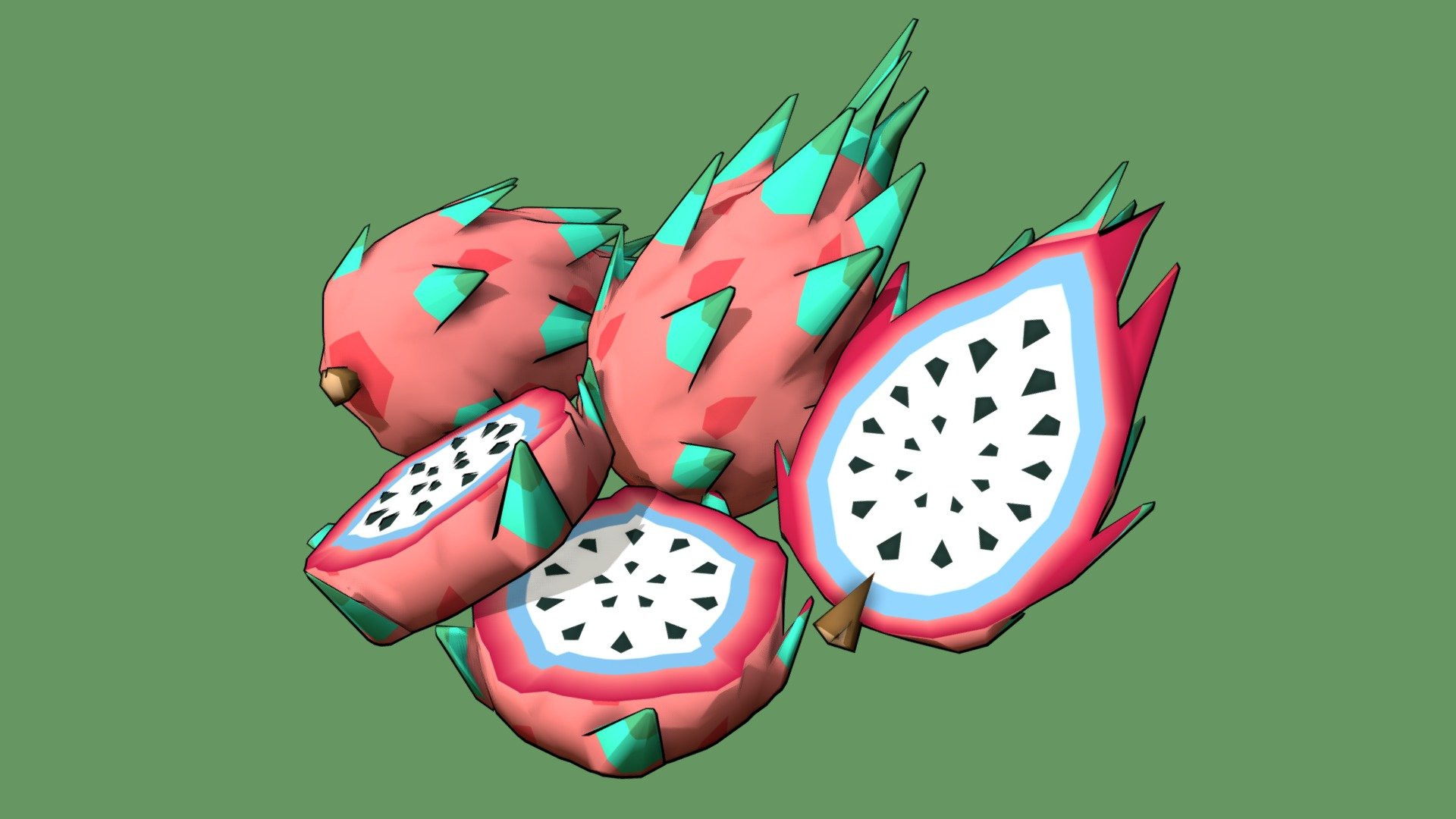 Pithaya or Dragonfruit pick-up from my cartoony cel-shaded VR platformer, Lollihop. 
Worth 1, 3, and 5 points, with 568, 540 and 729 triangles respectively. 
Game link - https://zhamul.itch.io/lollihop - Pithaya - 3D model by KranckAttack 3d model