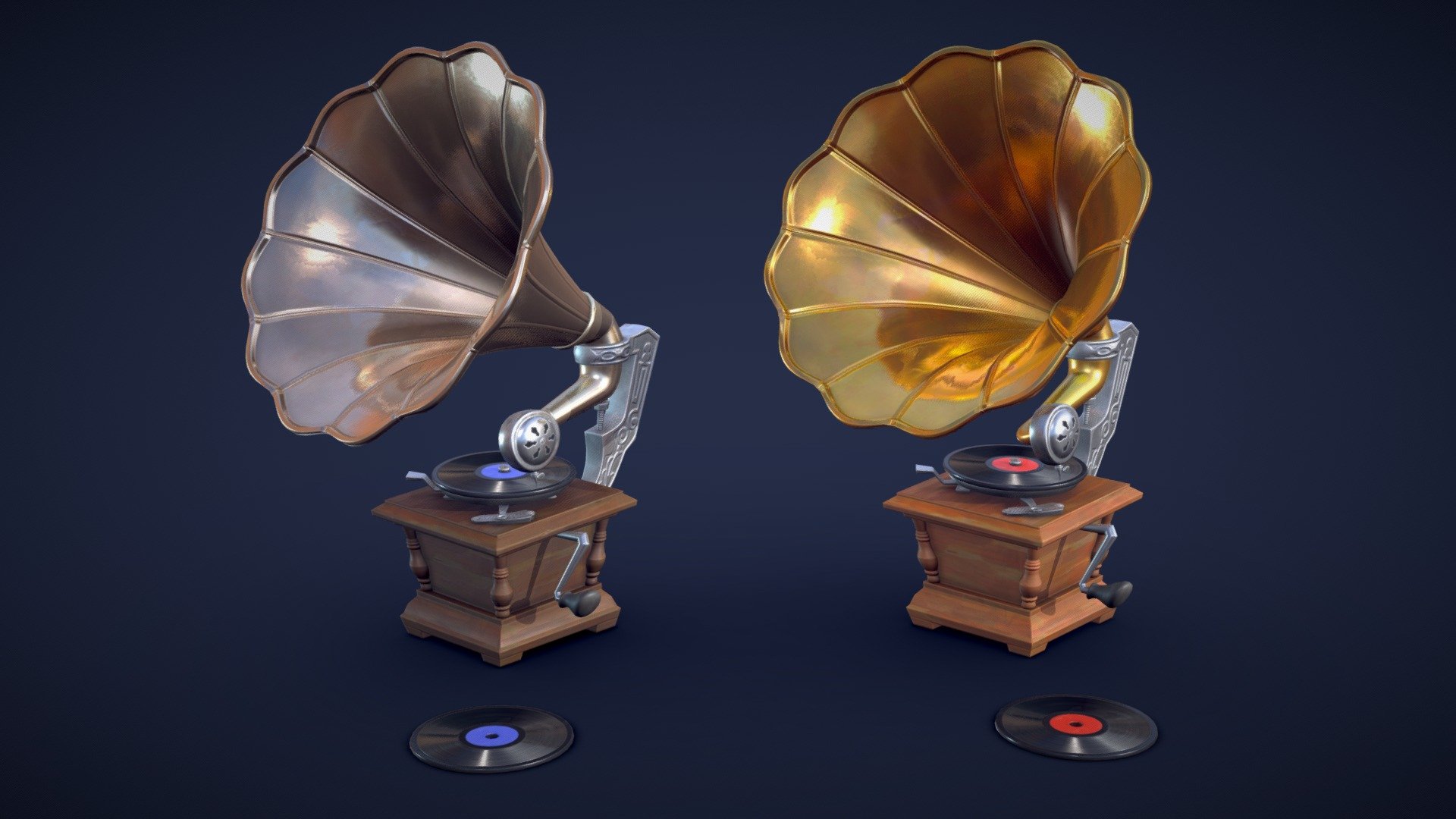 This is a stylized gramophone model that combines vintage charm with modern flair.
Whether you want to create a retro scene, a steampunk setting, or a musical theme, this stylized gramophone model will add some personality and detail to your project.

Model information:




Optimized low-poly assets for real-time usage.

2K and 4K textures for the assets are included.

Additional record mesh is included.

Additional unposed gramophone is included.

2 color variation textures are included (gold and silver).

Optimized and clean UV mapping.

Compatible with Unreal Engine, Unity and similar engines.

All assets are included in a separate file as well.

Here is a look at the assets included in this pack:
 - Stylized Gramophone - Low Poly - Buy Royalty Free 3D model by Lars Korden (@Lark.Art) 3d model