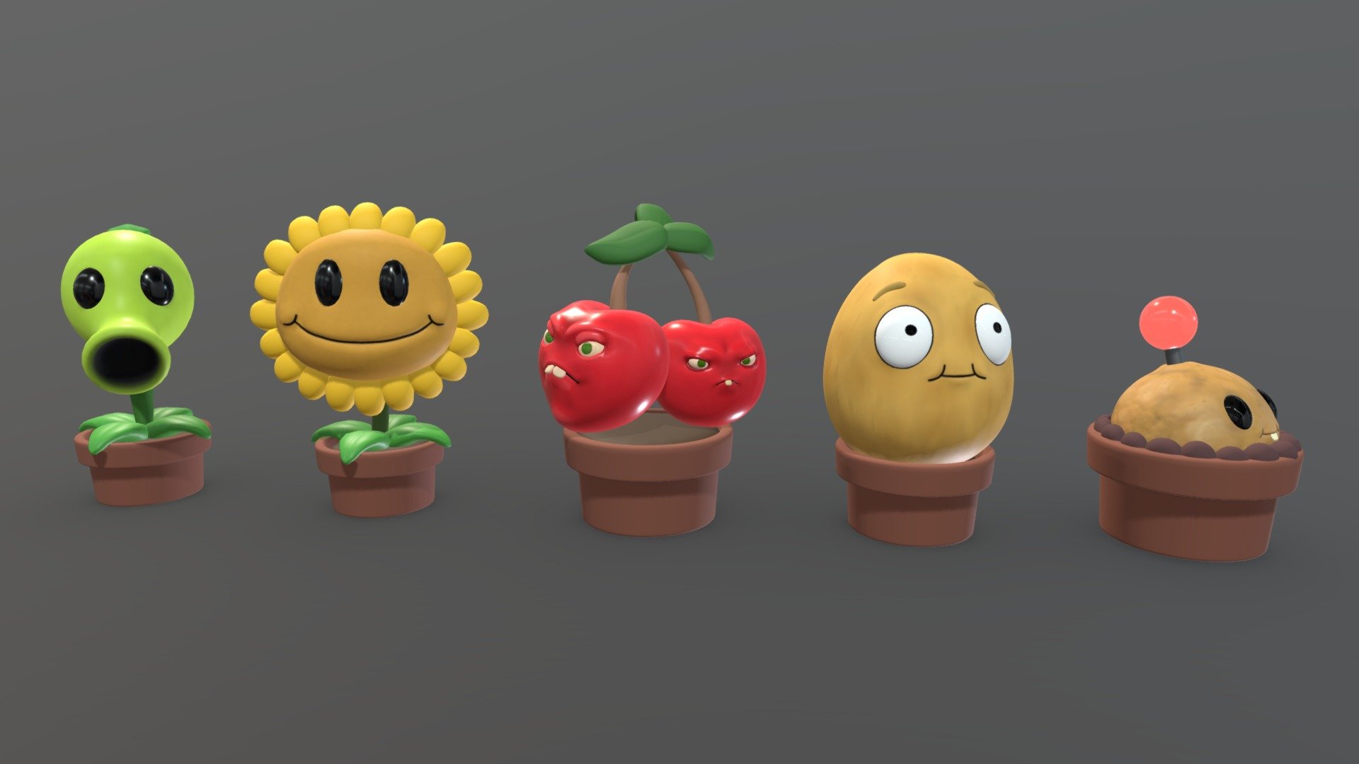 The zombies are coming, choose your plants.

Characters: Peashooter, Sunflower, Cherry Bomb, Wall-nut and Potato Mine.
Videogames: Plants vs Zombies

Program: Zbrush
Retopology: Autodesk Maya
Render: Blender (Cycles)
Textures: Substance Painter - Plants vs Zombies (1) - Buy Royalty Free 3D model by Loslolos 3d model