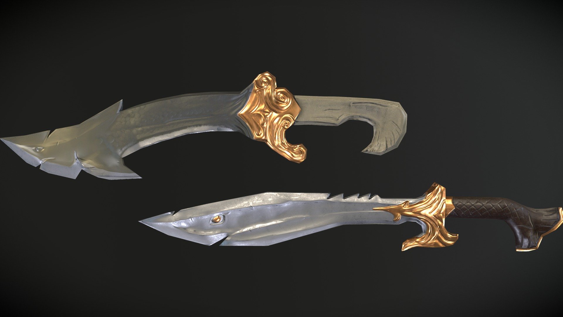 Set of shark blades that are part of weapon design concept set created by Manuel Gomez. This weapons were fun to create since they had such a unique design 3d model