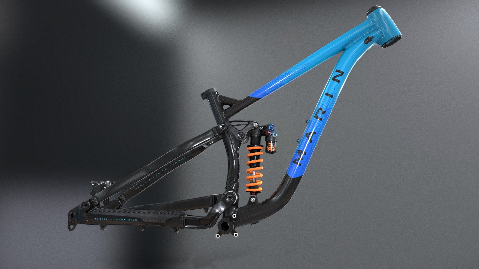 This is a 3d model of Marin mountain bike frame ready for using as full suspension trail enduro bikes. It is can be used as a MTB for downhill, enduro, trail, crosscountry in sports racing games and many other product rendering scenes.

This product is rigged and has a real accurate linkage driven mechanism.

This model is created in Blender and textured in Substance Painter. And also if someone who is a non Blender user buy this model I can provide this model in fbx,obj,3ds,dae,max,stl,ply and various other formats.

This model is made in real proportions.

High quality of PBR texture maps are available to download. 3d model