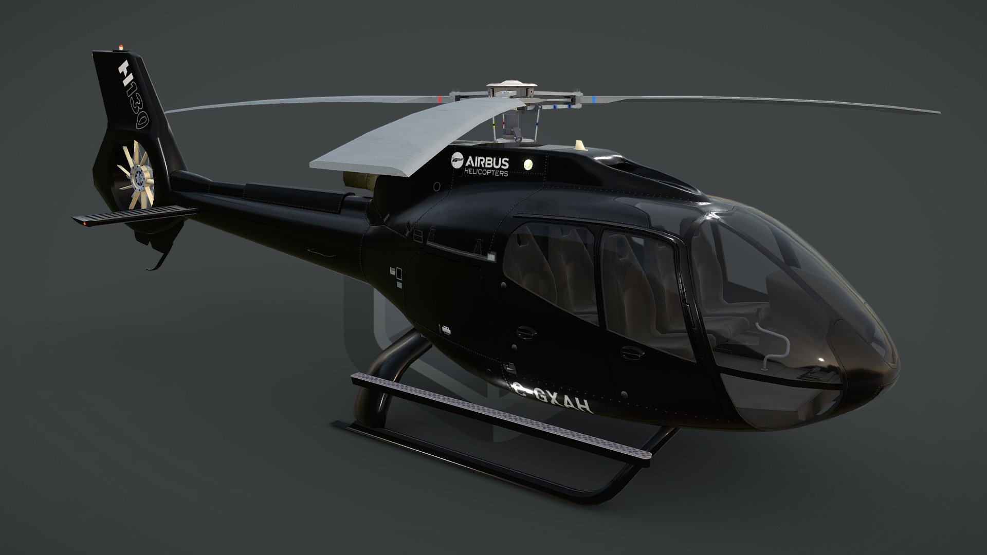 game ready, realtime optimized game asset

unique livery and branding

both PBR workflows ready

LOD0 is HQ lowpoly with bended top rotor, all lights objects and interior

LOD0 19710 tris, LOD1 10462 tris, LOD2 7388 tris, LOD3 5990 tris

100% triangulated and 100% unwrapped non-overlapping

5 x uv layouts, body, HQ rotors, LQ rotors, interior, lights

made using blueprints, real world scale meters

all rotors detached and animable in each LOD with properly placed pivots for flawless animations

hideable capsule built interior that fits perfectly the body

interior is simple but a great basis for further elaboration

big textures pack with native 4096 x 4096 px textures for body, rotors, interior

LOD3 rotors have own textures with blades on alpha channel

light objects have own, small, textures, and contain an emission map

pack contains native .max scene, created in 3dsmax 2014

pack contains clean and flawless FBX and OBJ files

each LOD and all LOD together exported in each file format
 - Black Helicopter EC130-H130 Livery 25 - Buy Royalty Free 3D model by CGAmp 3d model