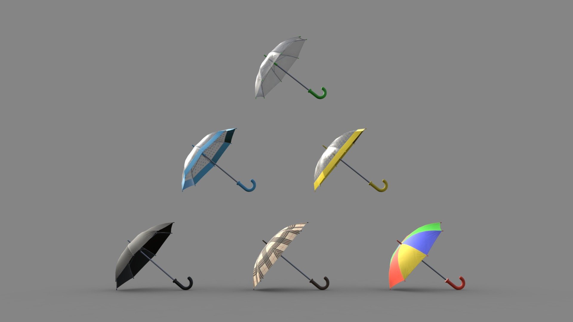 I have decided to participate in this week's challenge. I have created a small basic pack of umbrellas. For the plastic versions, I put the opacity in refraction mode because it gives me a more interesting result. I set the refraction index to 1 and the roughness to 0.1. The files include the low and high base umbrella model 3d model