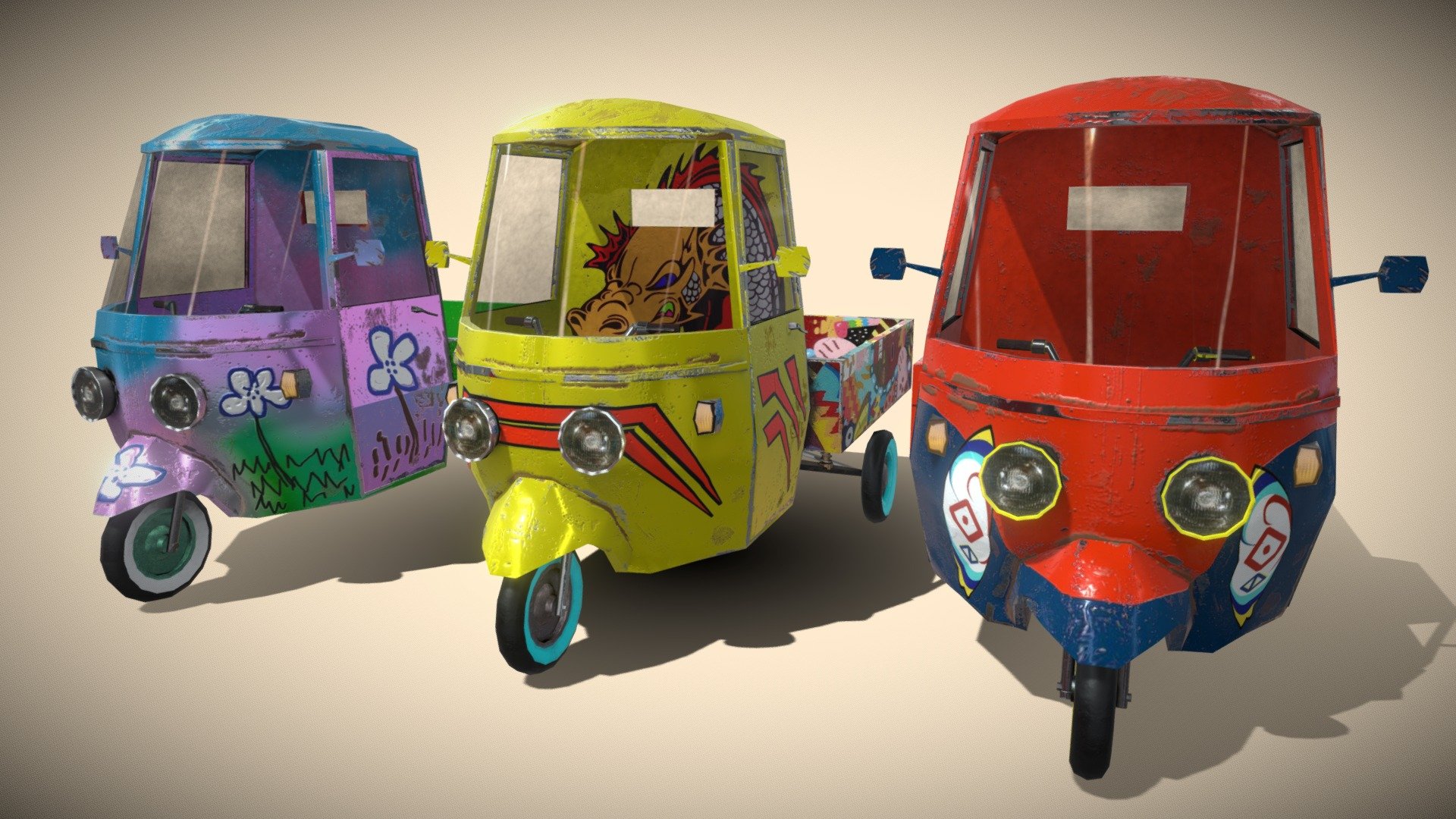 3 bikes with 3 wheels with 3 different textures. Models with few polygons, good to use in games. In an additional download, go the models separately, but the textures and also in more formats, .dae .fbx .obj - 3-wheel Motorcycle Pack - Buy Royalty Free 3D model by Pingo (@pingotinto) 3d model