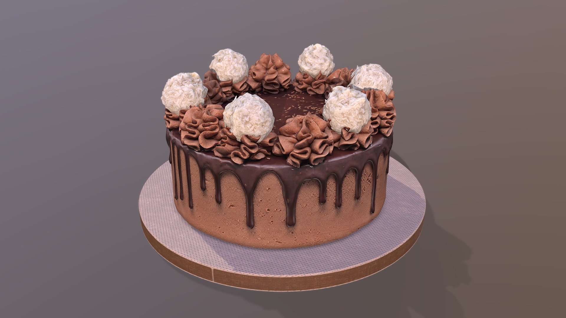 This premium Chocolate Ferrero Rafaello Drip Gateau Cake model was created using photogrammetry which is made by CAKESBURG Premium Cake Shop in the UK. You can purchase real cake from this link: https://cakesburg.co.uk/products/chocolate-heaven-cake?_pos=1&amp;_sid=25d1b3fb8&amp;_ss=r

Cake Texture 40964096px PBR photoscan-based materials (Base Color, Normal, Roughness, Specular)
Ferrero Rafaello Balls 20482048px PBR photoscan-based materials (Base Color, Normal, Roughness, Specular)
Cake Drum 4096*4096px PBR  (Base Color, Normal, Roughness, Specular) - Ferrero Rafaello Drip Gateau - Buy Royalty Free 3D model by Cakesburg Premium 3D Cake Shop (@Viscom_Cakesburg) 3d model