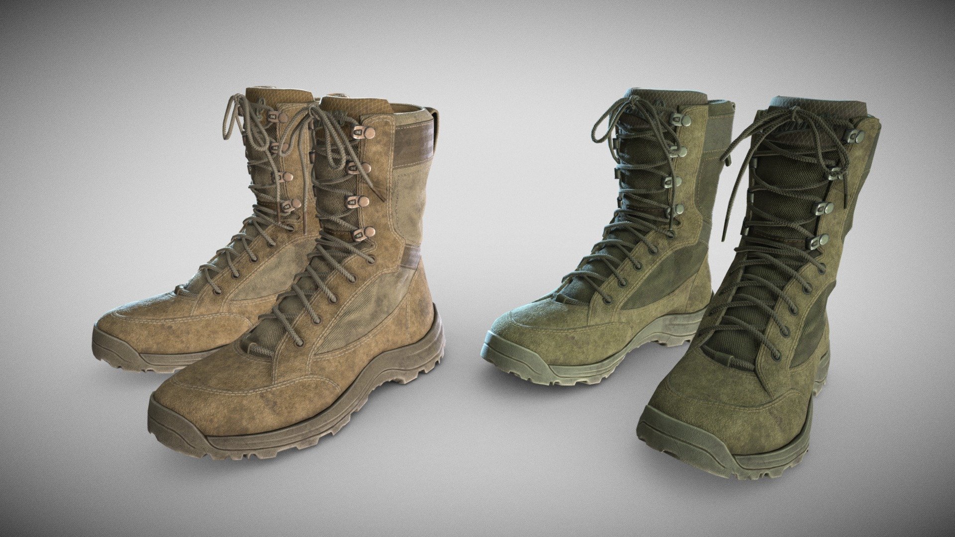 Game-Ready PBR low-poly model of tactical boots.
All materials and textures are included.
The textures of the model are applied with UV Unwrap.
Normal map was baked from a high poly model.
Including 3dsmax and Blender, OBJ and FBX.

5194 polygons
9052 triangles
4756 vertices

Maps:

boot_Normal.tga, boot_Specular.tga, boot_Metallic.tga, boot_AO.tga, boot_Diffuse_Sand, boot_Diffuse_Green, boot_Curvature.tga, boot_Glossiness.tga, boot_Roughness.tga, boot_BaseColor_Sand.tga, boot_BaseColor_Green.tga (2048x2048) - Tactical boots - Buy Royalty Free 3D model by alpenwolf (@alpen) 3d model