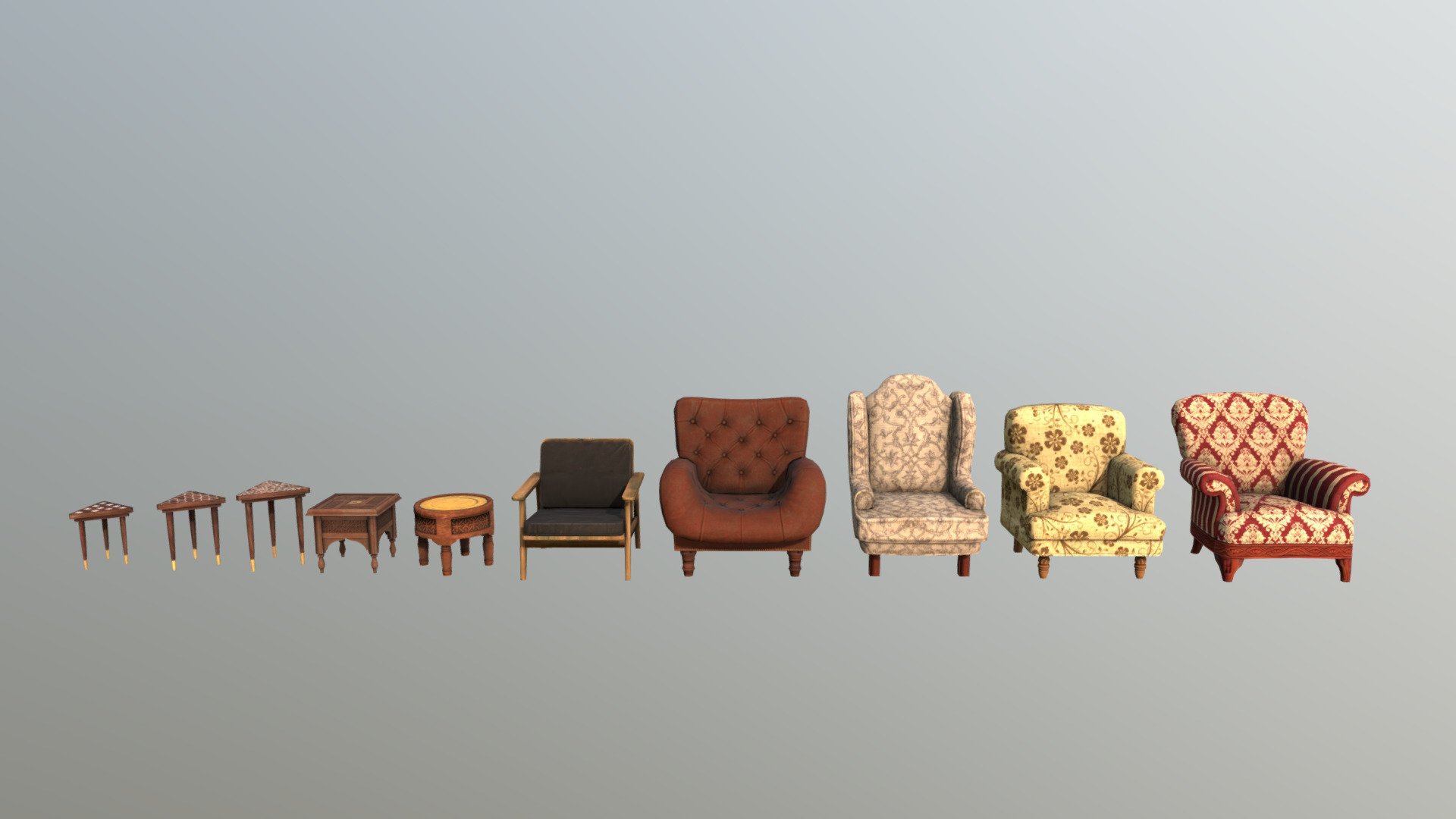 3D Chairs.



The pack has highly detailed Chairs ready for use in your project. Just drag and drop prefabs into your scene and achieve beautiful results in no time. Available formats FBX, 3DS Max 2017





We are here to empower the creators. Please contact us via the https://aaanimators.com/#contact-area if you are having issues with our assets. Our team will get back to you momentarily.





Mesh complexities:





Chair_01 632 verts; 914 tris uv 






Chair_02 803 verts; 1146 tris uv 






Chair_03 1103 verts; 1812 tris uv 





Chair_04 903 verts; 1356 tris uv 





Chair_05 1208 verts; 1420 tris uv 





Chair_06 1407 verts; 2086 tris uv 





Chair_07 603 verts; 740 tris uv 





Chair_08a 216 verts; 230 tris uv 





Chair_08b 214 verts; 230 tris uv 





Chair_08c 214 verts; 230 tris uv 





Includes 2 sets of textures with 4 materials:

● Gloss

● Diffuse

● Normal

● Specular

 - Chairs - Buy Royalty Free 3D model by aaanimators 3d model