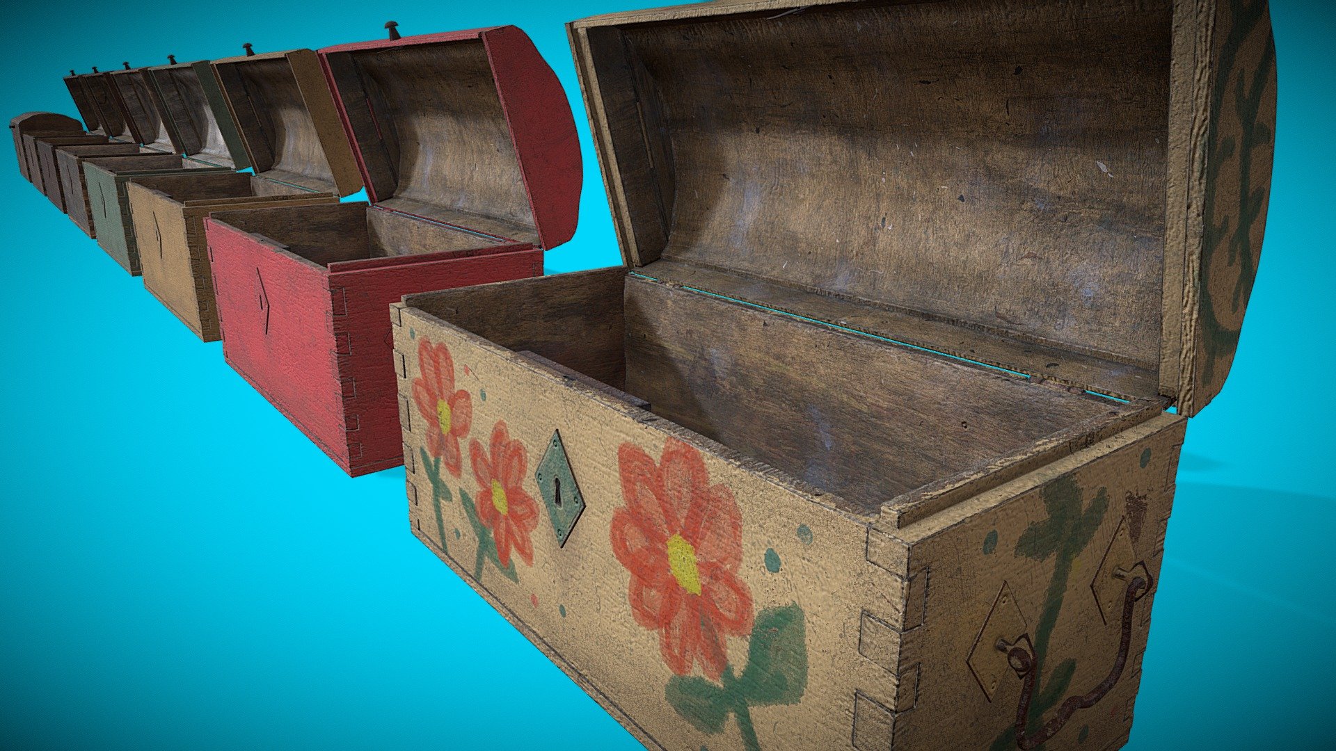 Simple 1800s Wooden Trunks with a dome-top shape. Several texture variations are packaged in including Raw Wood, Painted &amp; amateur home decorated 3d model