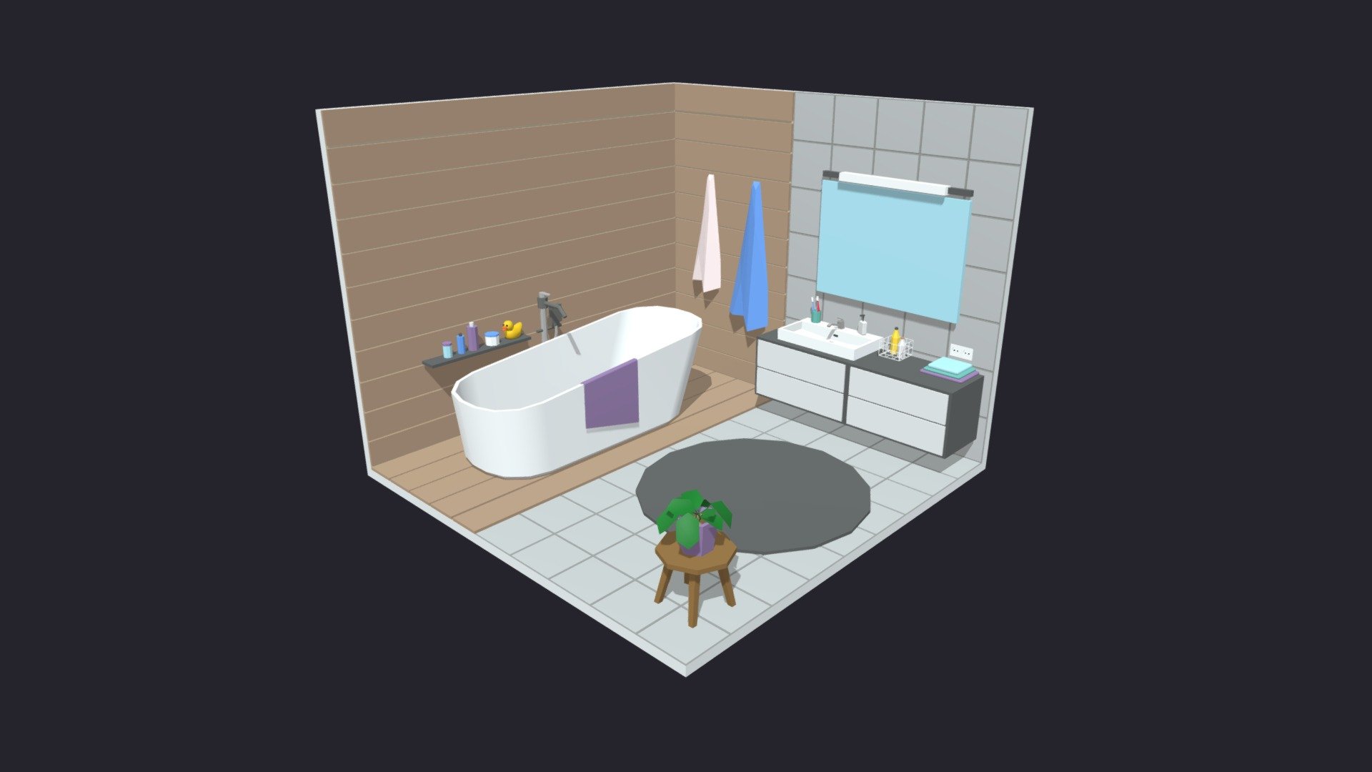 Low poly room is ready to be used for games, rendering and advertising.

This is a bathroom complete with furniture.

This set includes 24 unique props: bath / washbasin / mirror / carpet / towels / flower / accessories and more!

Technical details:

The whole room has

Vertex: 2822
Faces: 2647
Tris: 4922
Has only one color texture (2048/1024/512/256 /128px) and one material for the entire game set.

Feel free to download it and leave your reviewes, comments and likes. This will help us create more products for you :) - Bath Room 11 Low-poly 3D model - Buy Royalty Free 3D model by Mnostva 3d model