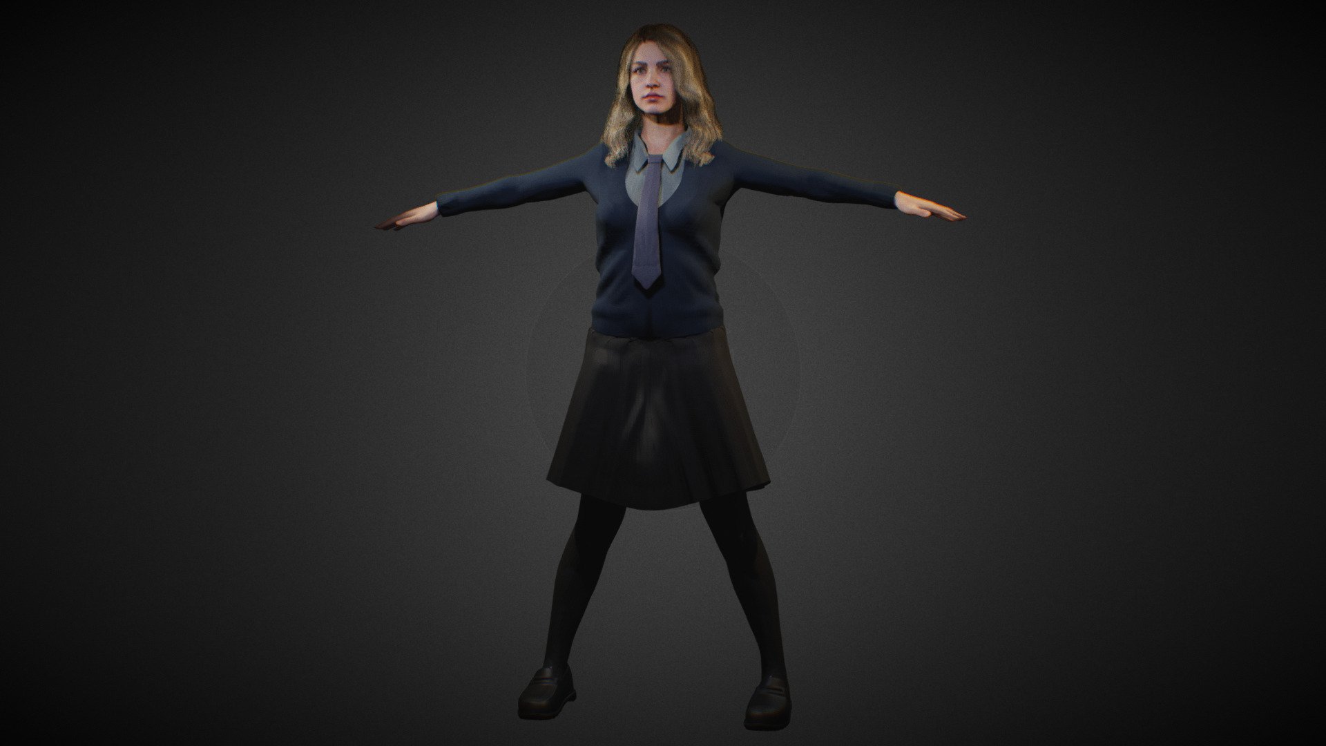 Female University Student Girl in Skirt  girl 3D model. Basic animation loop.  Model in Blender file. Body Fully rigged, face basic rig. SSS subsurface scattering. mixamo bone names for animation. Blend file format. (you can export to any format from blender) 3d model