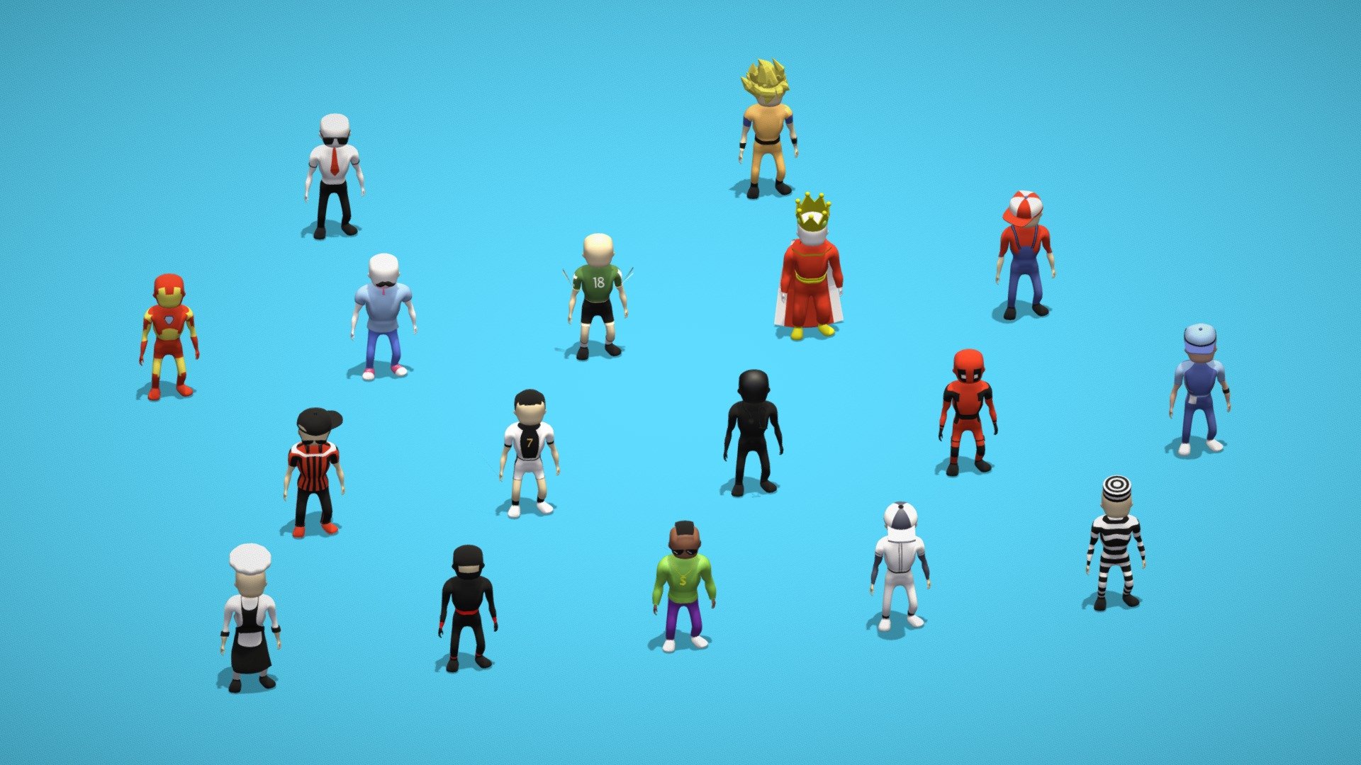 Presenting Hyper Casual - Stickman Characters
Pack includes hyper-casual stickman characters in a variety of 17 different characters.
A low-poly set of character resources for creating games in the Hyper Casual genre.
All characters have the mixamo Rig and Idle Animation.

You can also rig and animate the model on your own or also change the animations directly in mixamo. You can make color variants by changing their material colors.

Characters Included: Football Player, Thief, Rockstar, Doctor, Rugby Player, Cricketer, Chef, Dancer, Goku, Spy Agent, Deadpool, Ironman, etc. 

Grab this character pack for your game or any other purposes at a very budget-friendly price rate. Please like and give valuable comments for this pack. Thank You 3d model