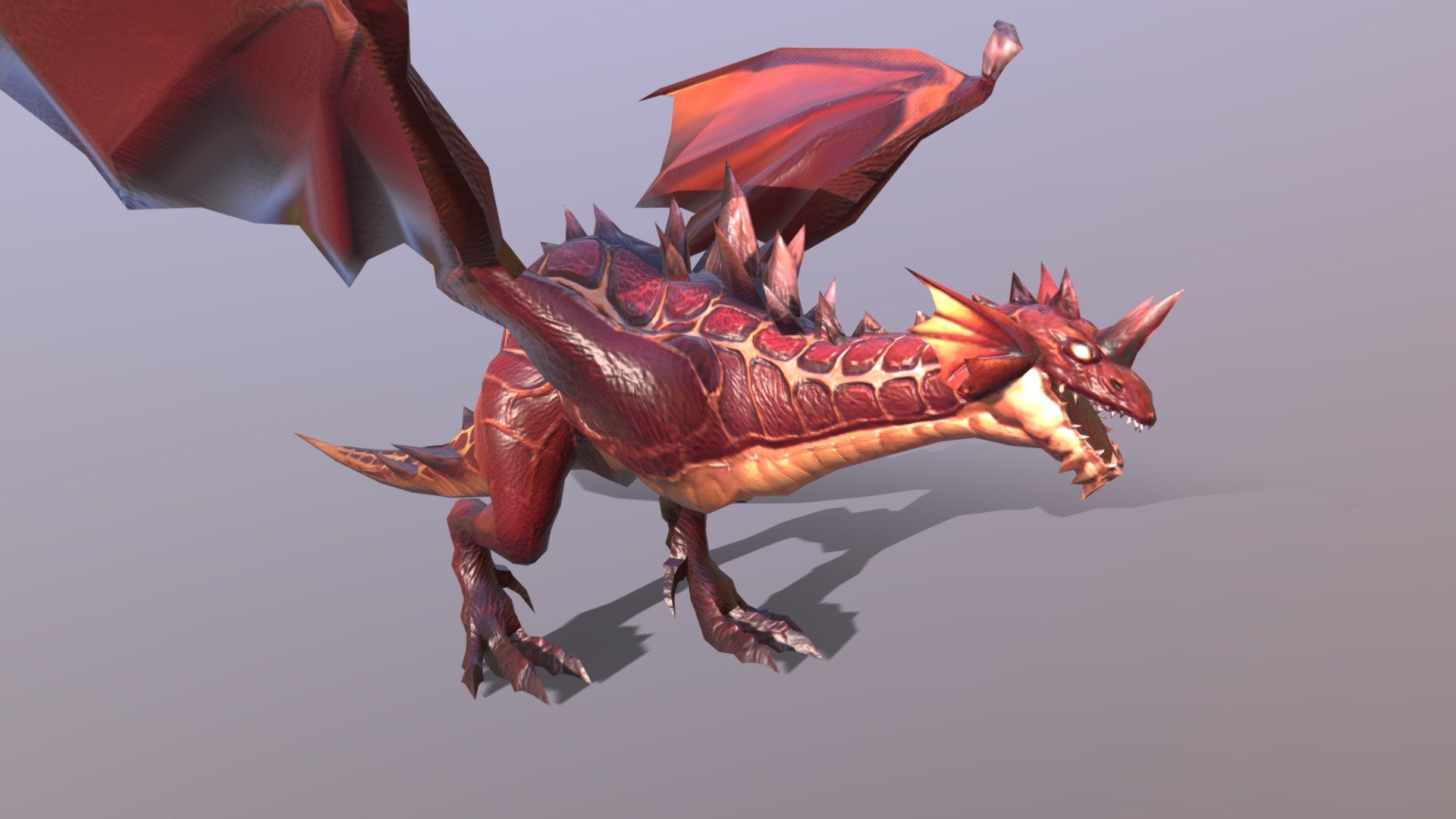 A Red Dragon Asset.

The 3d file format is FBX, if you need 3dMax file format, email me please.

INSIDE:




FBX Model. 3610 triangles.

3 FBX Animations.Idle, Run, Attack.

Albedo Texture, Normal Map. Each one is 1024x1024.
 - Red Dragon - Buy Royalty Free 3D model by Fubbi (@electricToy) 3d model