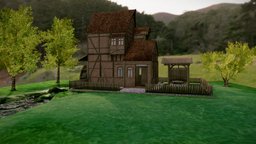Watermill river, game-ready, scenes, building