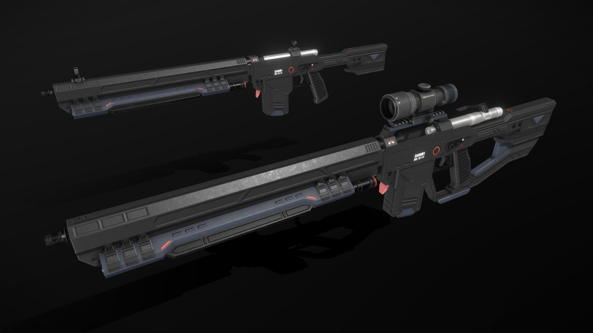 This is a model of a low-poly and game-ready scifi weapon. 

The weapon is composed of separate meshes that can be animated with a keyframe animation tool. 

The following modular equipment is included in this model pack: 6 types of ammunition, silencer, duckbill, 2 types of ironsights, 2 reflex sights, one scope, 3 picatinny rails, foregrip, 2 flashlights, 2 laser sights, 3 shotgun shell holders.

The model comes with several differently colored texture sets. The PSD file with intact layers is included.

Please note: The textures in the Sketchfab viewer have a reduced resolution to improve Sketchfab loading speed.

If you have bought this model please make sure to download the “additional file”.  It contains FBX and OBJ meshes, full resolution textures and the source PSDs with intact layers. The meshes are separate and can be animated (e.g. firing animations) 3d model