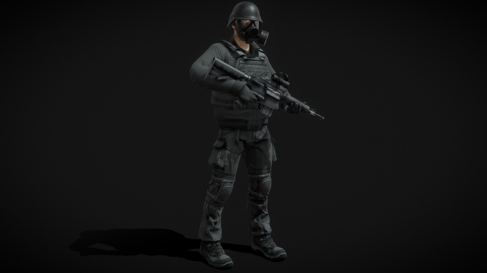 Includes Desert and Multicam Textures.

Soldier in modern combat uniform with gas mask and plate carrier.

Separate materials for body, headear, gun and scope.

4k PBR textures for headgear, body and gun. 1k for the scope.


For creation of this character I used and edited few of the assets available on Sketchfab.


List of assets:

Pants by Dubel https://skfb.ly/oBOyJ 

Jacket by Nick Scott https://skfb.ly/6YRSE 

Vest by csheffield https://skfb.ly/6WSMT 

Boot by hippieandcorporate https://skfb.ly/6UvoD 

Gloves by rubiez https://skfb.ly/6wZZ9 
 - Modern Soldier - Buy Royalty Free 3D model by Mateusz Woliński (@jeandiz) 3d model