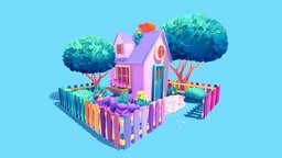 Pastel House tree, grass, toon, flower, vr, ar, vegetation, nature, gradient, pastel, game, blender, art, gameasset, house, home, stylized, noai