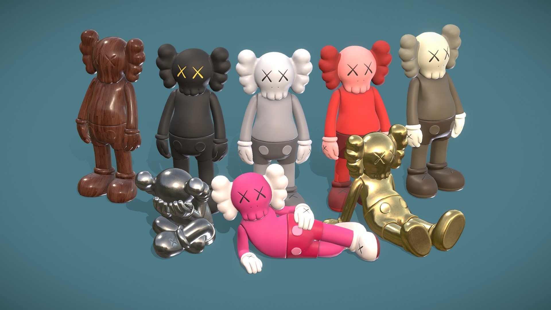 The Kaws statue (4 different poses) could be a great fit for Your realistic game project as decor, prize, weapon (You name it) or any architectural interior visualization project or else.

Mesh: 7202 triangles per 1 statue

Attachment include 8 different color and 6 different pipeline texture sets 4096x4096: Unity, Unreal, PBR Metal/Rough, Redshift, Arnold , Vray + bonus textures: Ambient Occlusion, Curvature, GradientMap

Feel free to contact us if You need something tasks for 3D modeling or animation.

Our Studio LInks Discord - Webpage - Instagram - X.com - Youtube - Facebook - Kaws Low Polygon - Game Ready - Buy Royalty Free 3D model by Yeyo Studio (@yeyostudio) 3d model