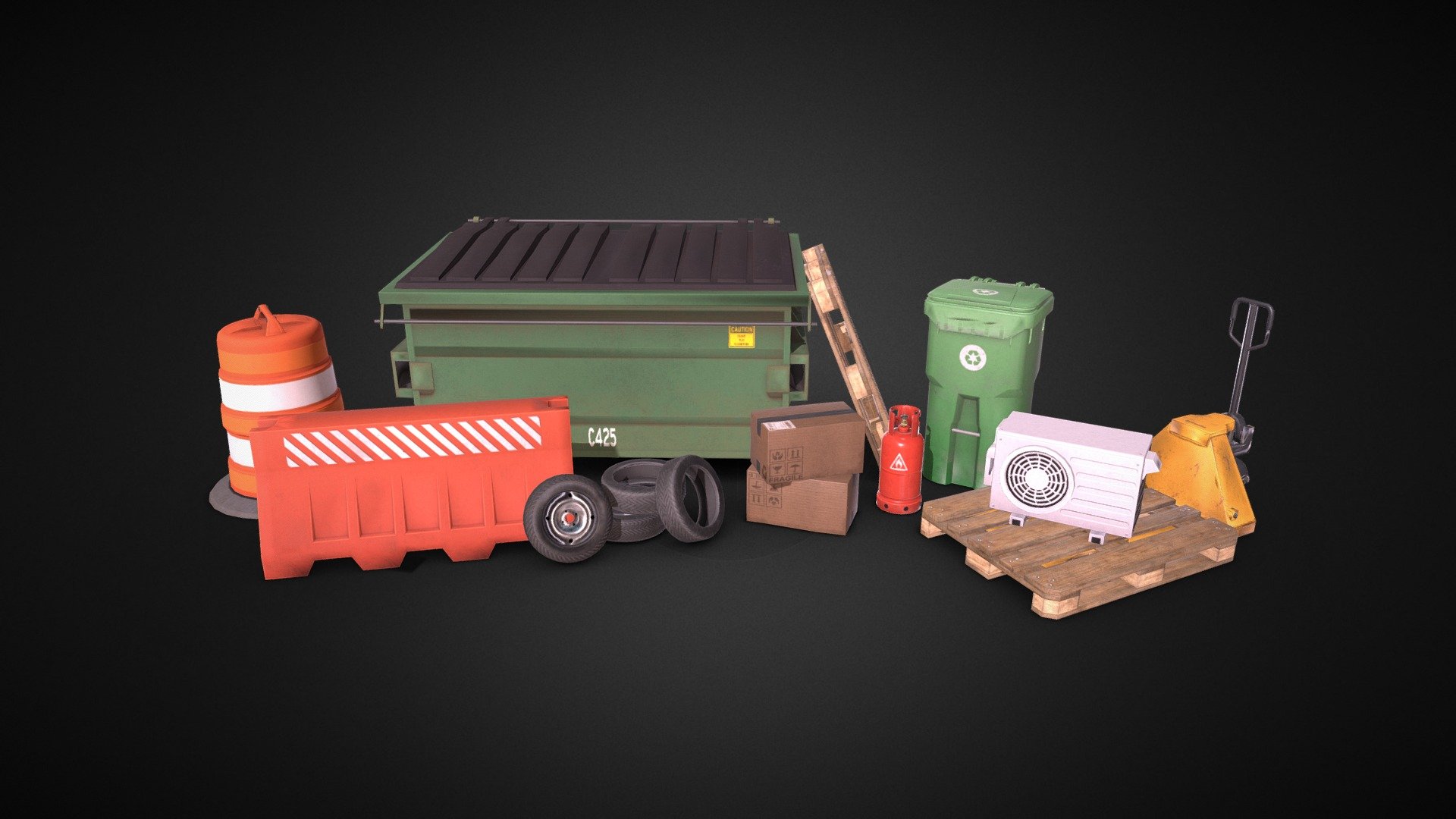 3D Low Poly Urban Props:


AC
Dumpster
Package
Pallet
Pallet Truck
Propane Tank
Traffic Cone
Traffic Barrier
Trash Bin
Wheels

PBR Materials With 2K Textures

Wireframe ⇩
 - Urban Props - 3D model by DB (@D_B_) 3d model