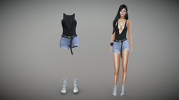 Torn Denim Shorts Top Shoes Casual Summer Outfit mini, white, , fashion, shorts, girls, top, clothes, sports, worn, with, teenage, summer, dress, shoes, deep, realistic, tank, real, casual, belt, womens, torn, outfit, wear, cleavage, pbr, low, poly, female, blue, black