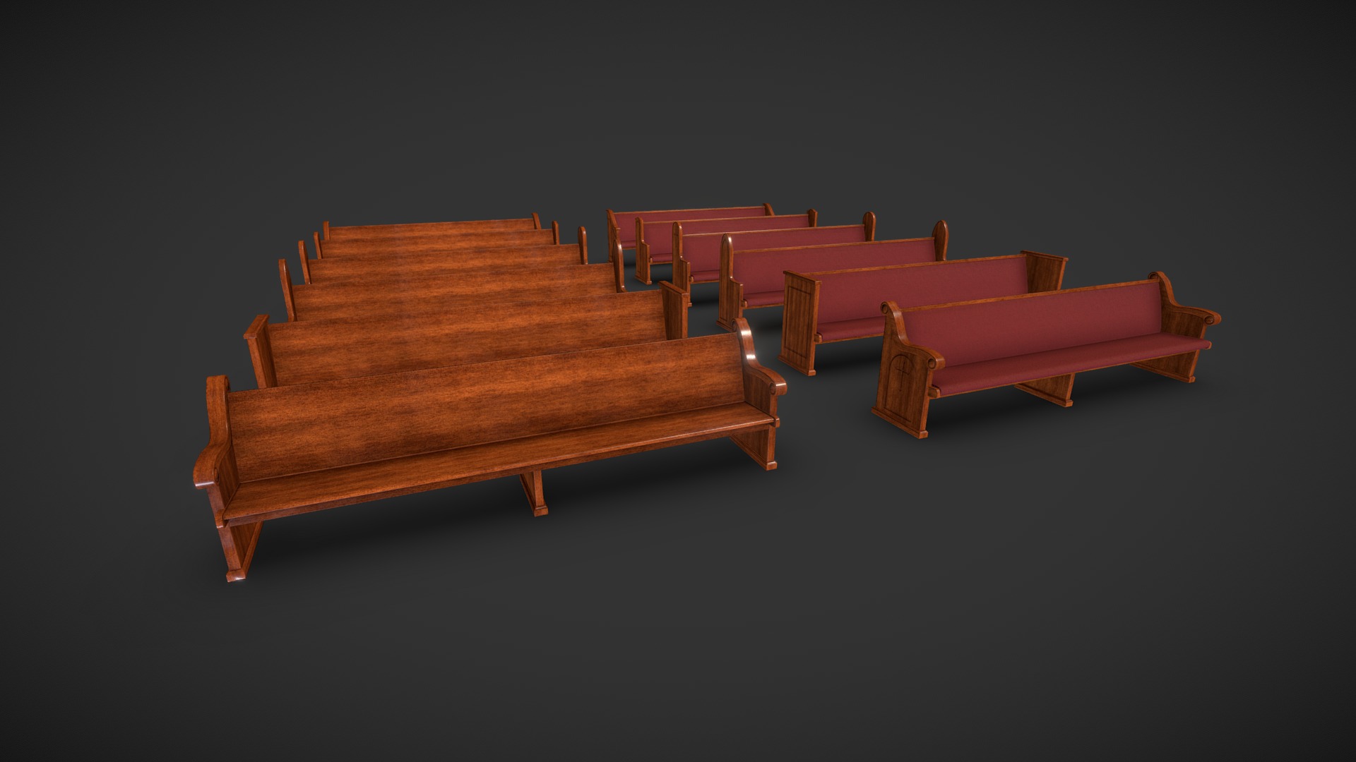 A lowpoly wooden pew set modeled in 3dsmax, textured using Substance Painter 2.

Between 283 and 850 quad lowpoly model in FBX and OBJ formats
Unwrapped UVs with no overlap (2 materials per bench)
High Quality PBR textures (4096 x 4096)
Diffuse Texture
DirectX Normals Texture
Individual Ambient Occlusion, Metallic and Roughness Textures - Wooden Church Pews - Buy Royalty Free 3D model by MikeLuxton 3d model