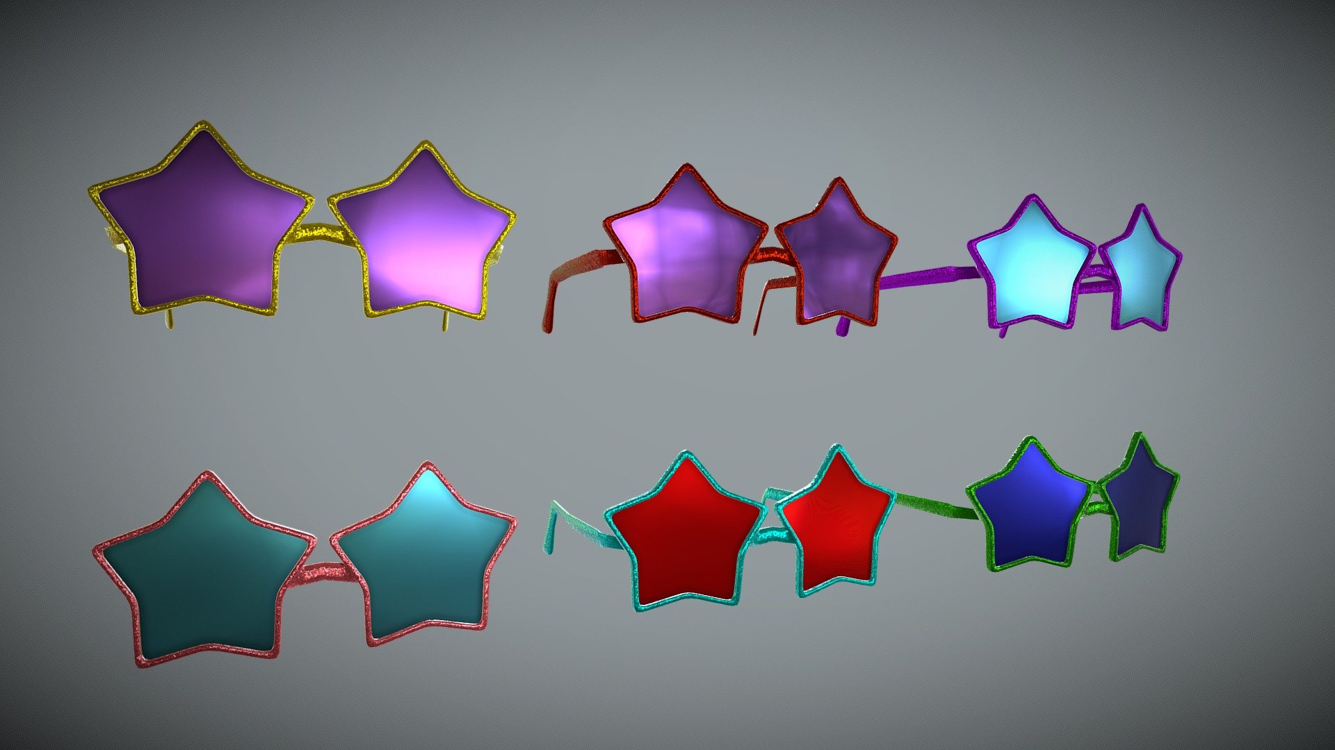 Low poly optimised for AR and VR model comes with 2k PNG textures of a Base Color (6 variants), Roughness and Normal Map.

SketchfabWeeklyChallenge - Lowpoly glitter star shaped sunglasses pack set - Buy Royalty Free 3D model by Scritta 3d model