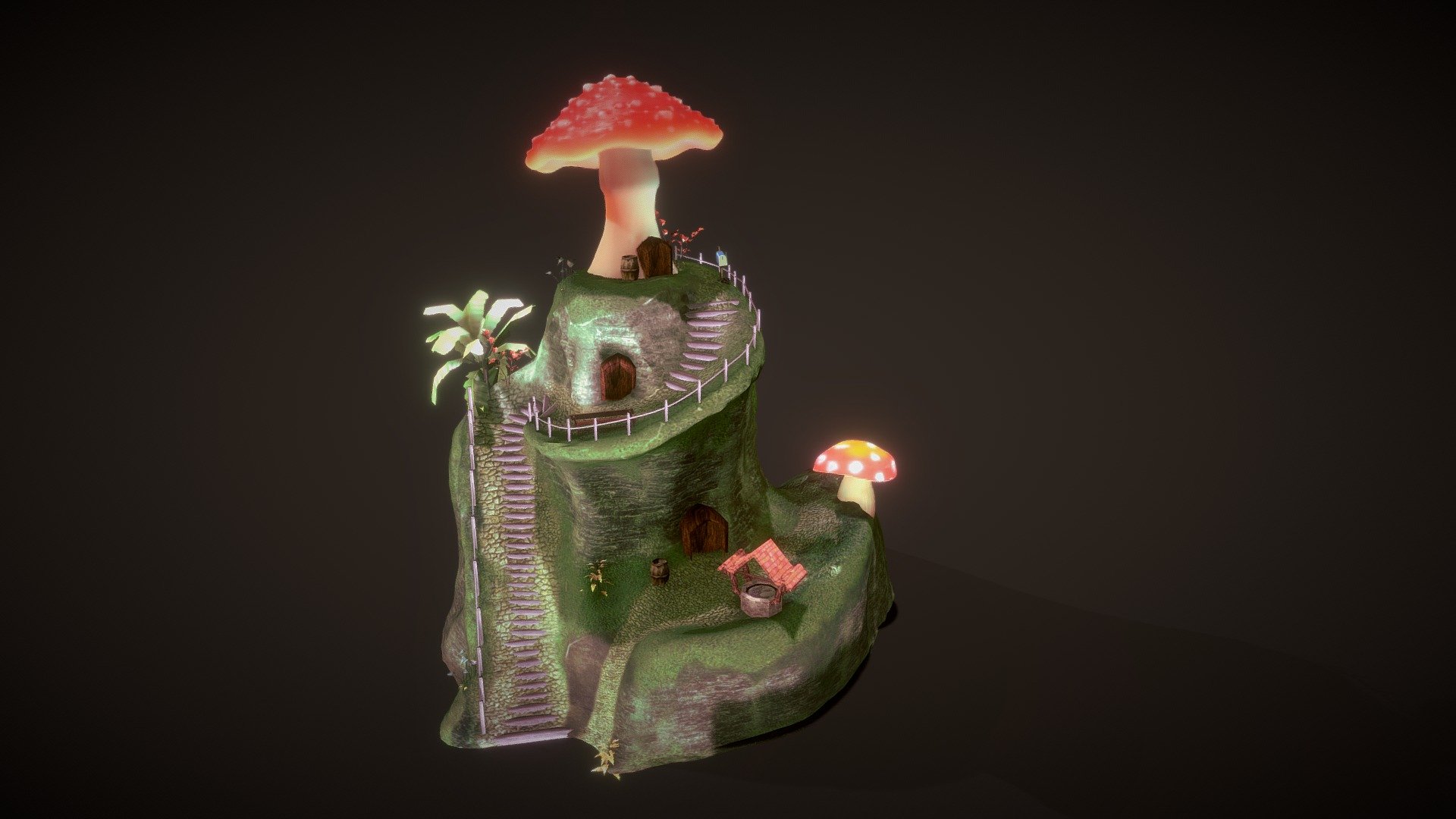 Fungus Nest, is a fantasy scene, where a three-level structure is erected. The place is a mound populated by inhabited mushrooms, , flowers and plants.
The scene is even more complete and contains animations of insects and birds and terrain, but it was not possible to upload them to the viewer, but they are available in the download, in various formats and configurations.

 - Fungus Nest - Buy Royalty Free 3D model by pixol3d 3d model