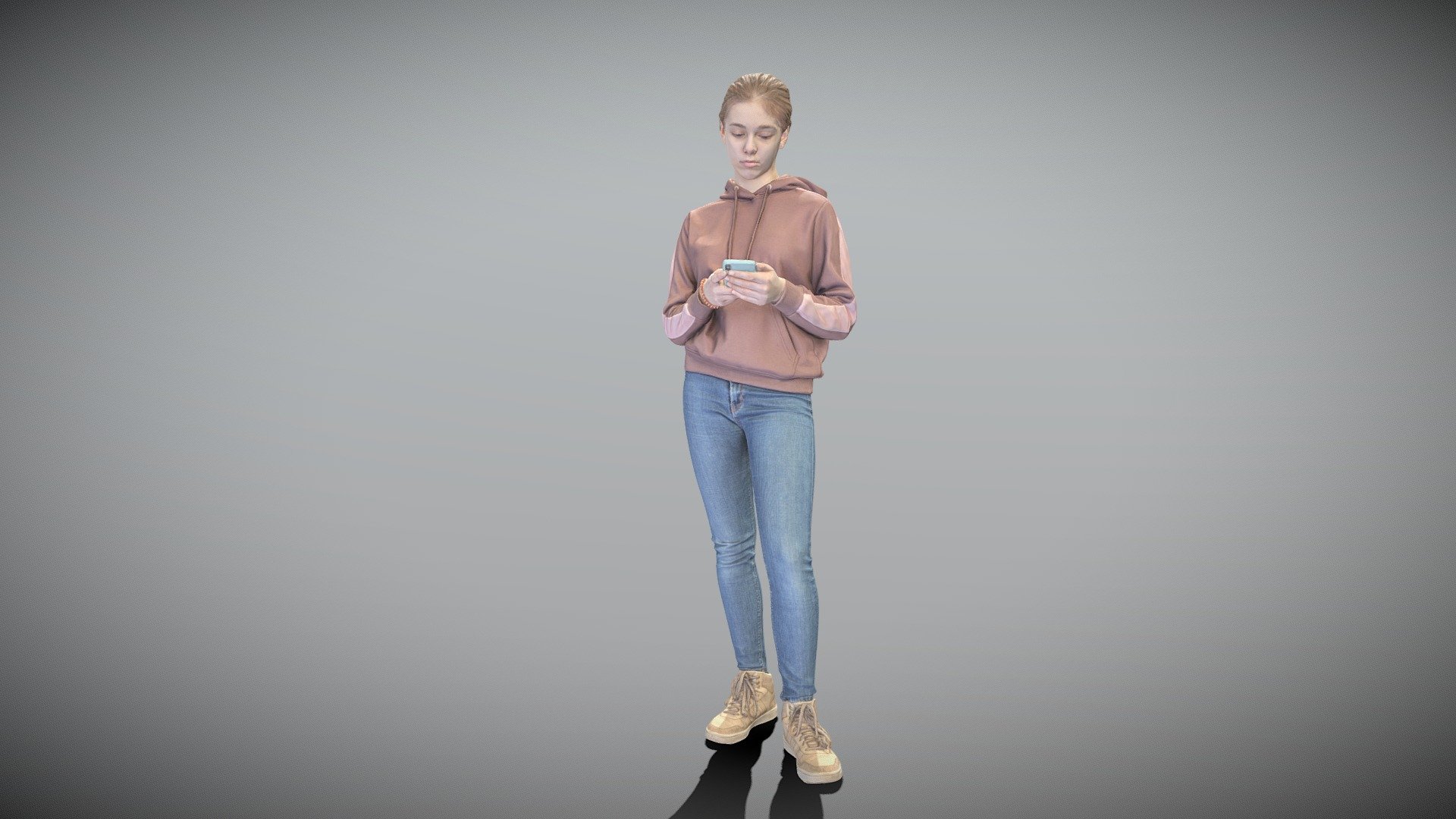 This is a true human size and detailed model of a beautiful young woman of Caucasian appearance dressed in casual style. The model is captured in casual pose to be perfectly matching for various architectural, product visualization as a background character within urban installations, city designs, outdoor design presentations, VR/AR content, etc.

The product is ready both for immediate use in architectural visualisations, or further render and detailed sculpting in Zbrush.

Technical characteristics:




digital double 3d scan model

decimated model (100k triangles)

sufficiently clean

PBR textures: Diffuse, Normal, Specular maps

non-overlapping UV map

Download package includes Cinema 4D project file with Redshift shader, OBJ, FBX files, which are applicable for 3ds Max, Maya, Unreal Engine, Unity, Blender, etc.

You may find some of our 3d models in free access on SketchFab https://sketchfab.com/deep3dstudio/collections/sample-basic-3d-models

New 3d models every day! - Beautiful girl in casual using smartphone 318 - Buy Royalty Free 3D model by deep3dstudio 3d model