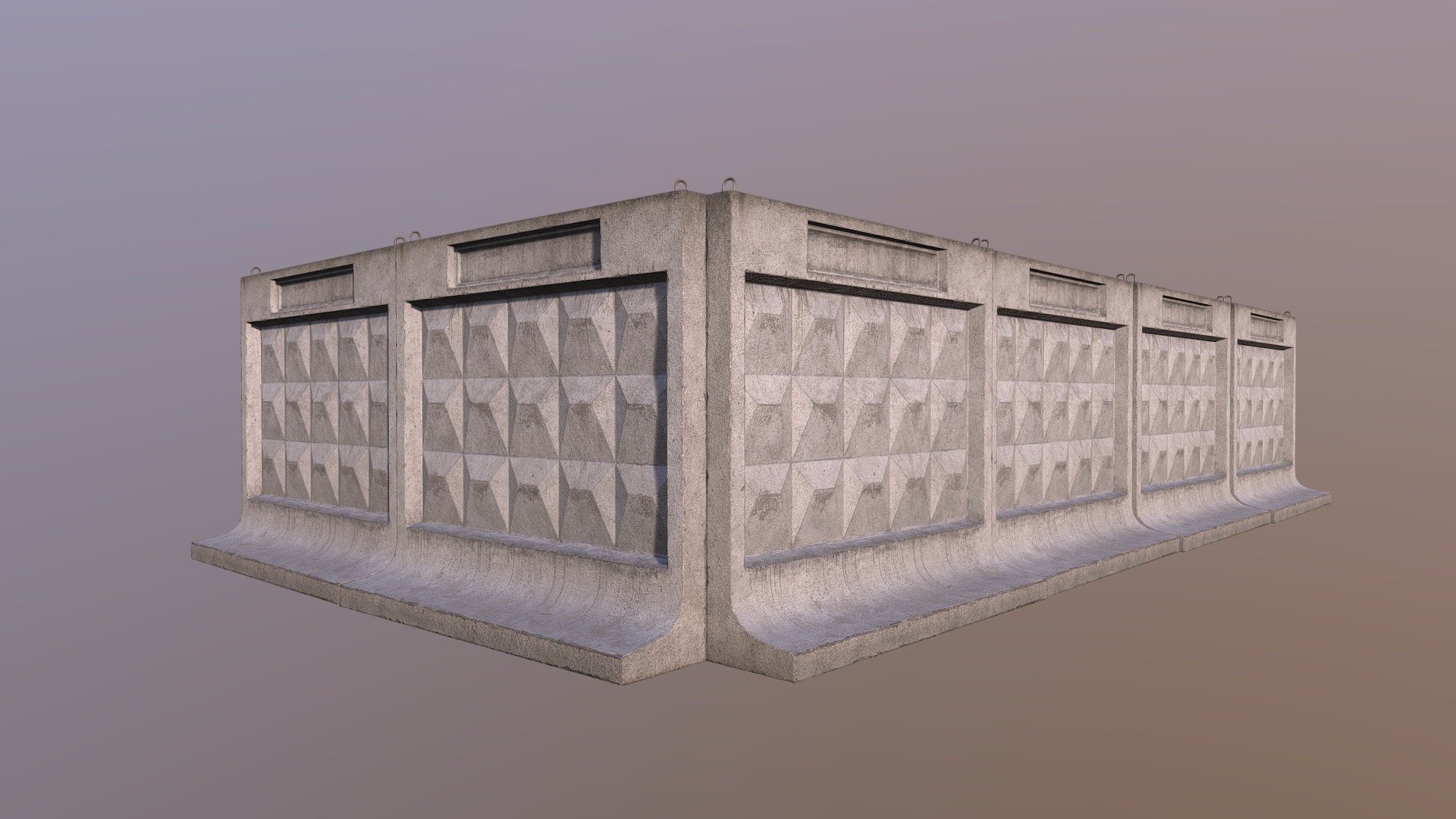 Soviet self-stand fence EO-2.5 (Element Ograzhdeniya-2,5 meters) with square relief

Polycount: 648 tris, 512 verts, 2048 texture
 - Soviet self-stand fence EO-2.5 - 3D model by Aleksey Kozhemyakin (@aleksey-k) 3d model